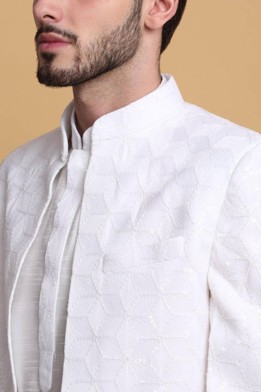 Kohima Embroidered Open Jacket Set - Ivory