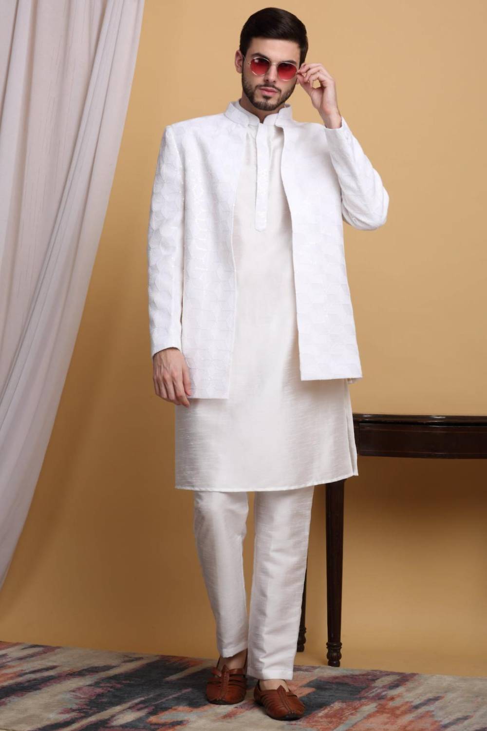 Kohima Embroidered Open Jacket Set - Ivory