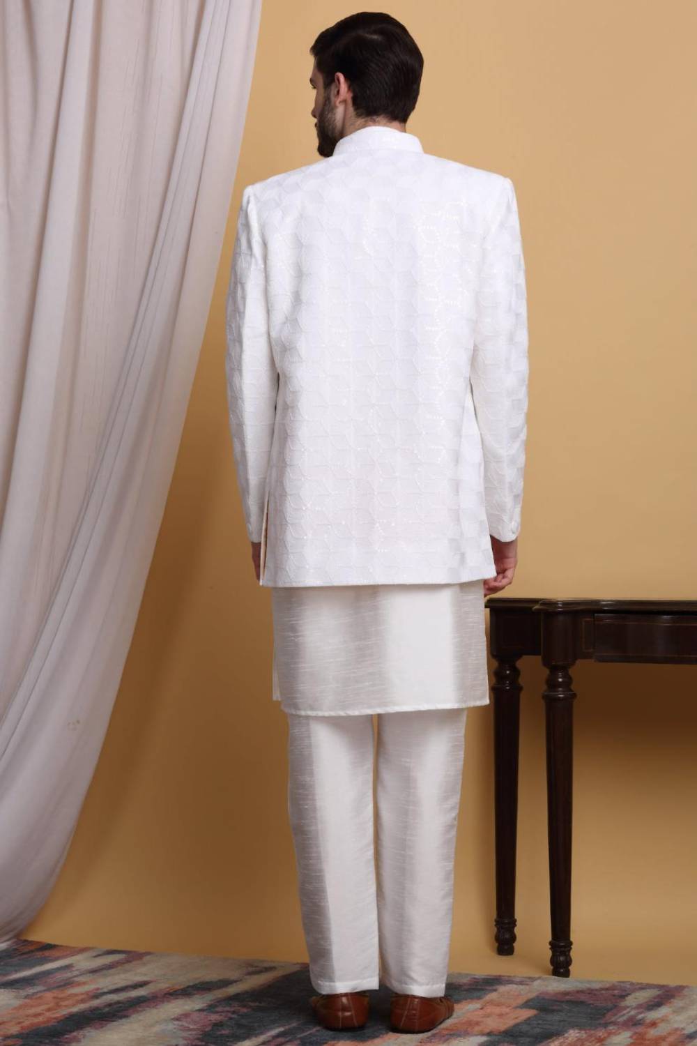 Kohima Embroidered Open Jacket Set - Ivory