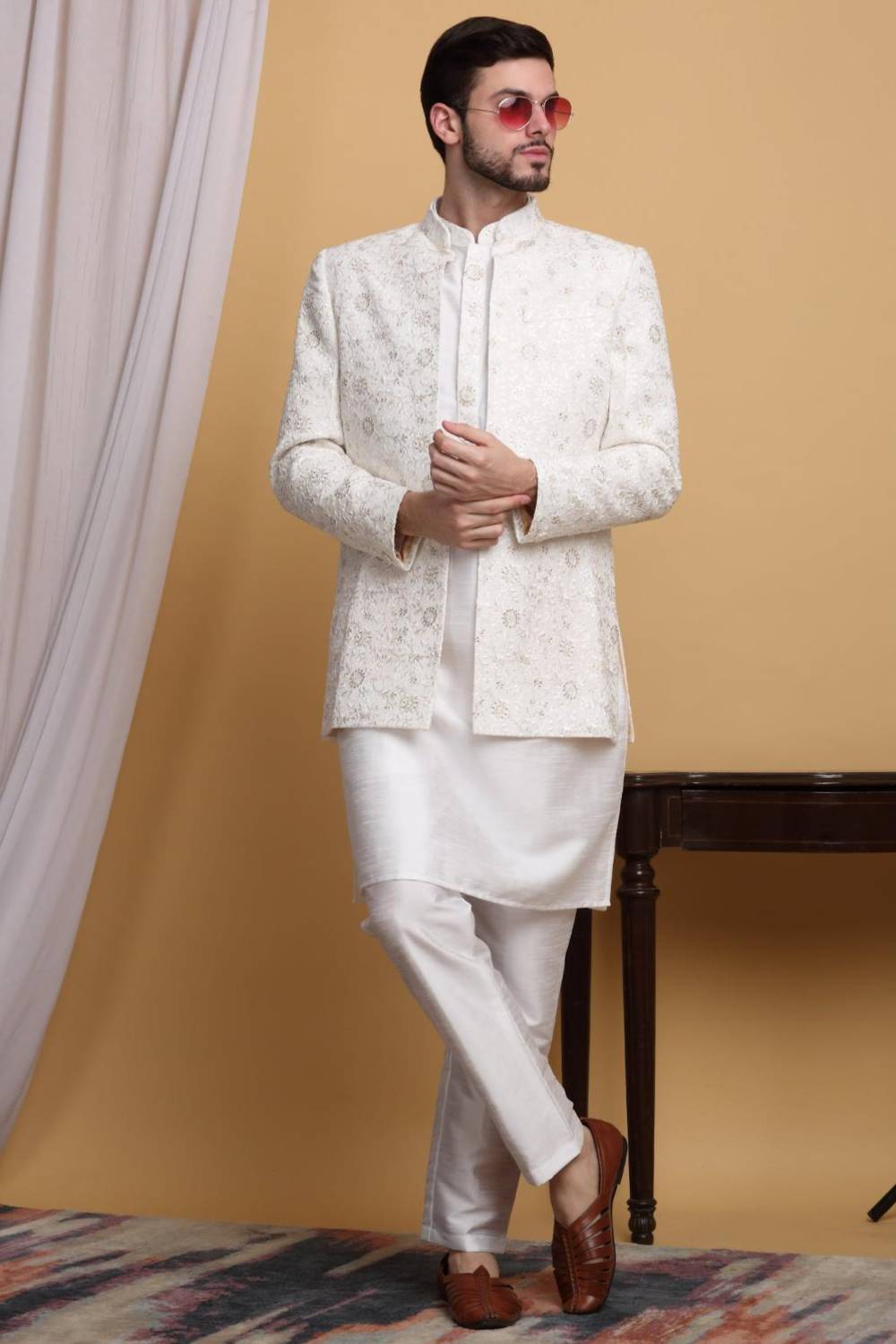 Ved Embroidered Open Jacket Set - Ivory Cream