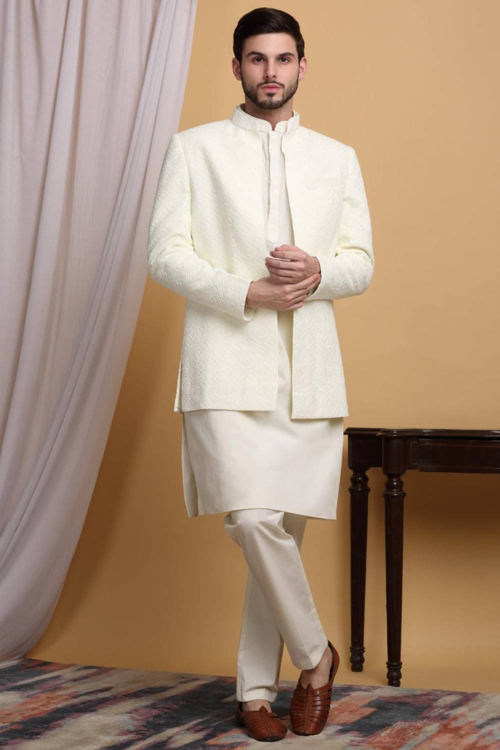 Divyam Embroidered Open Jacket Set - Ivory