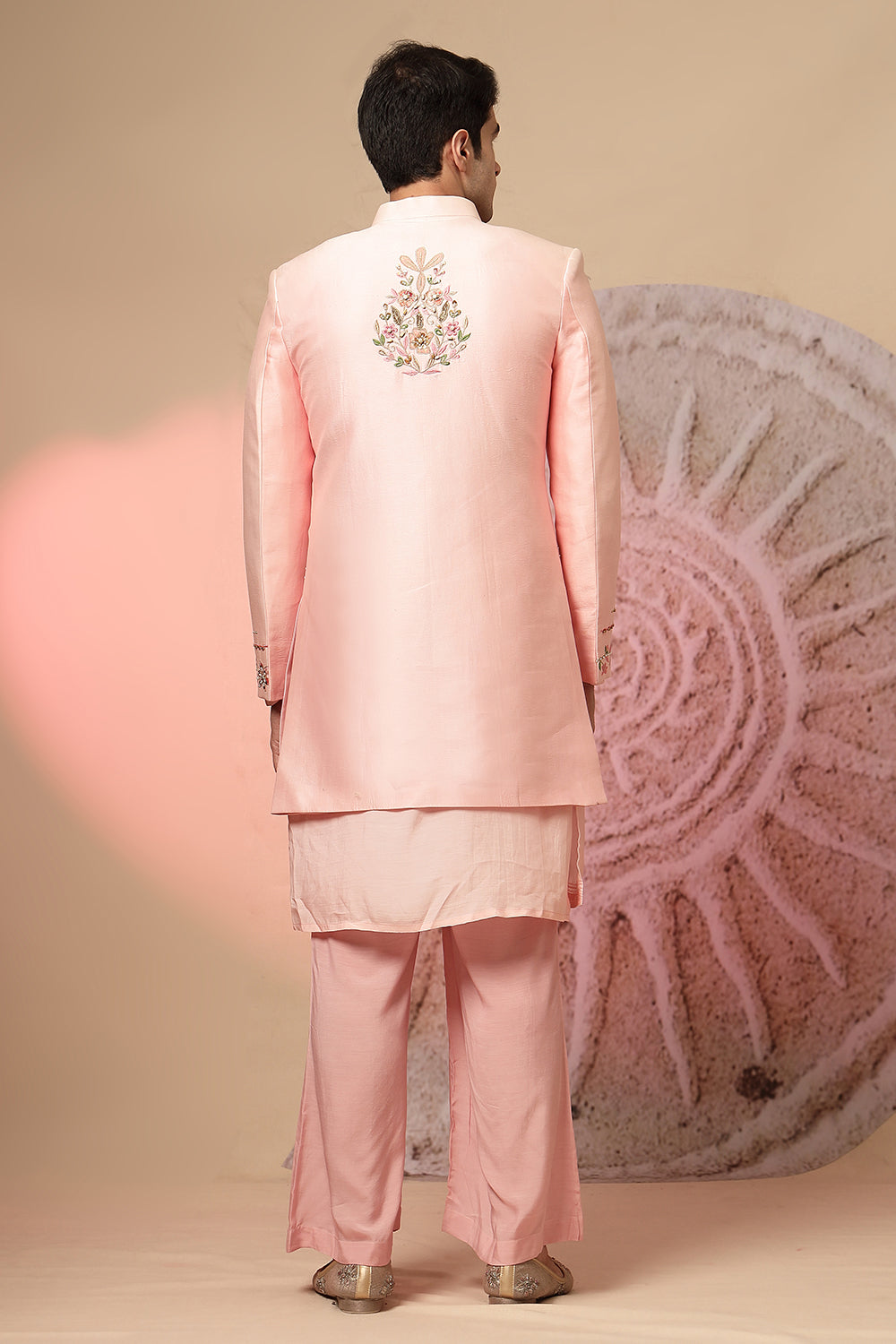 Light Pink Satin Kurta With Jacket And Pant
