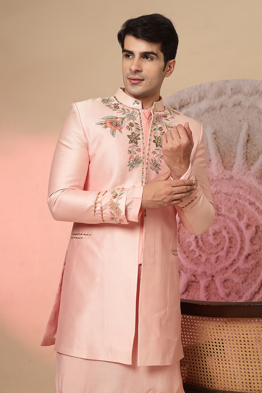 Light Pink Satin Kurta With Jacket And Pant