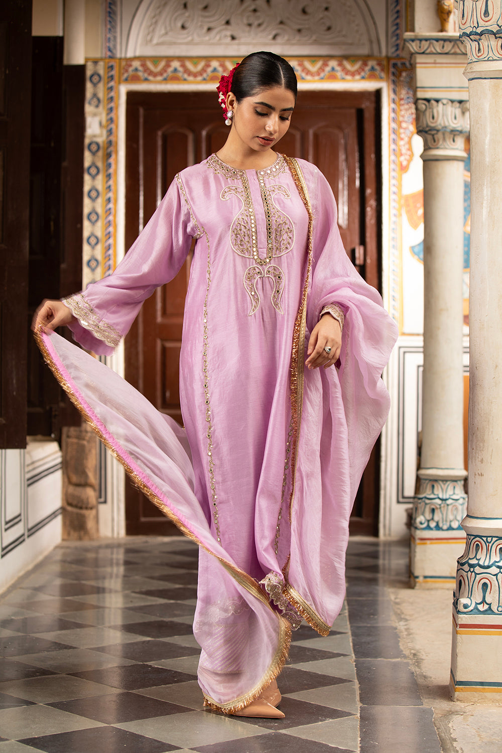 Lilac Kurta Set With Churidar And Dupatta