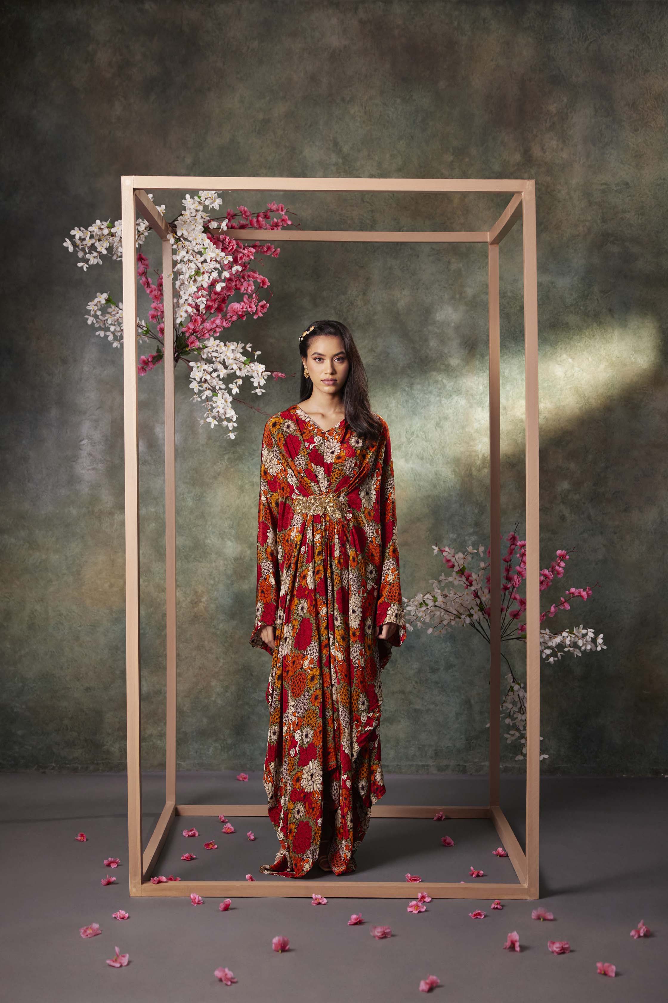 CY Mehak Murpana Orange Printed Kaftan With Embroidery Front 1