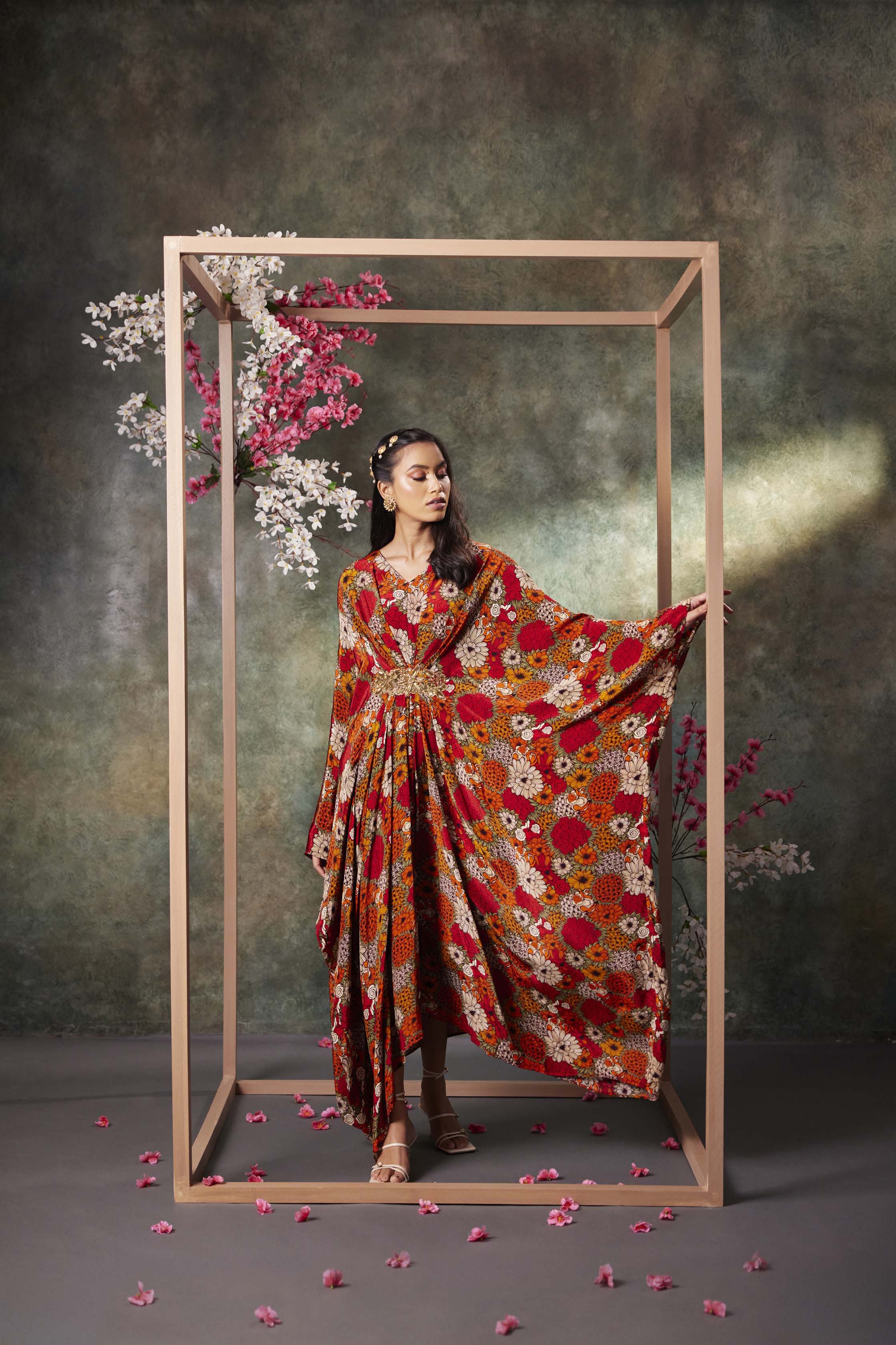 CY Mehak Murpana Orange Printed Kaftan With Embroidery Side 1