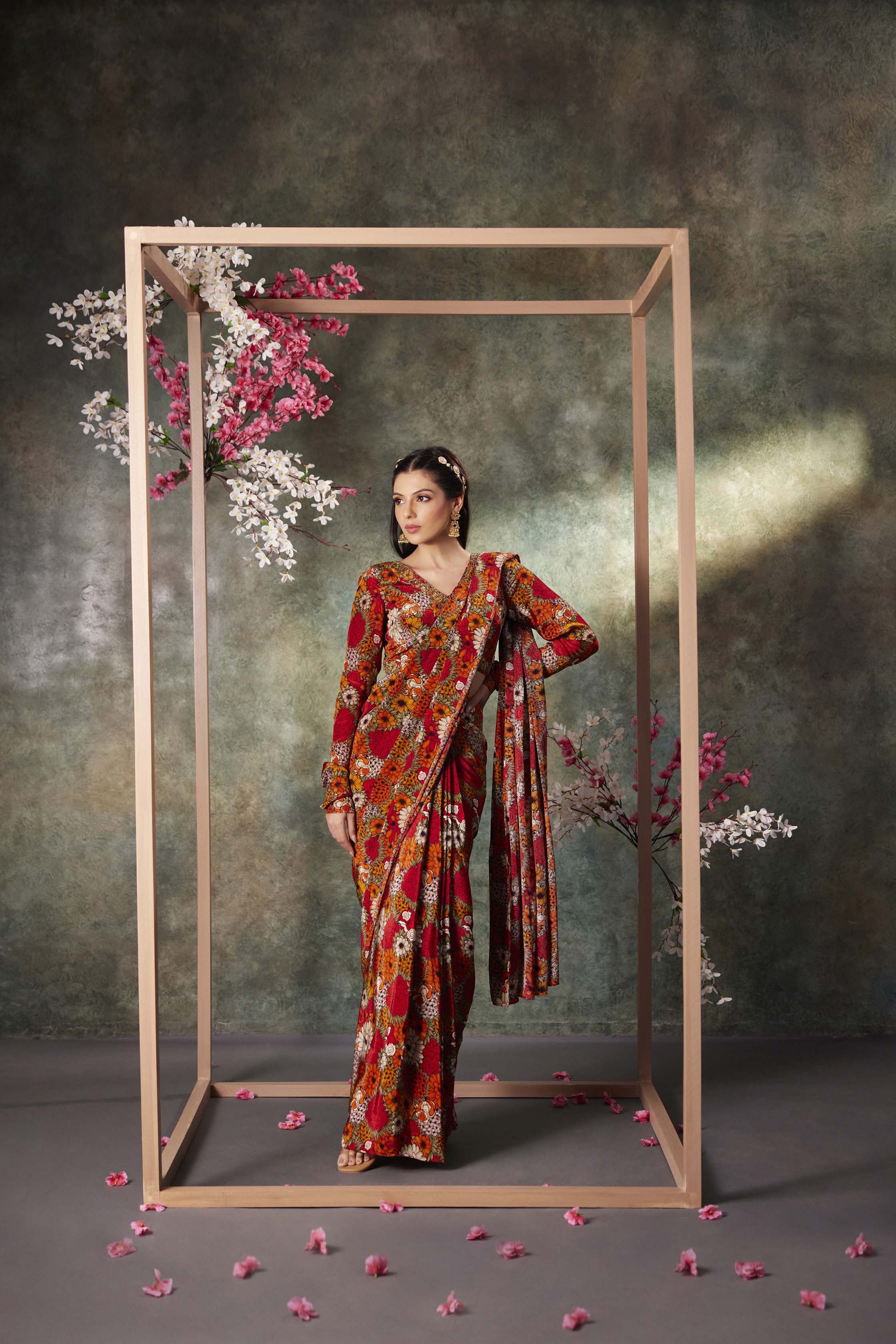 CY Mehak Murpana Orange Printed Choli And Pre Draped Saree Set With Embroidery Front 1