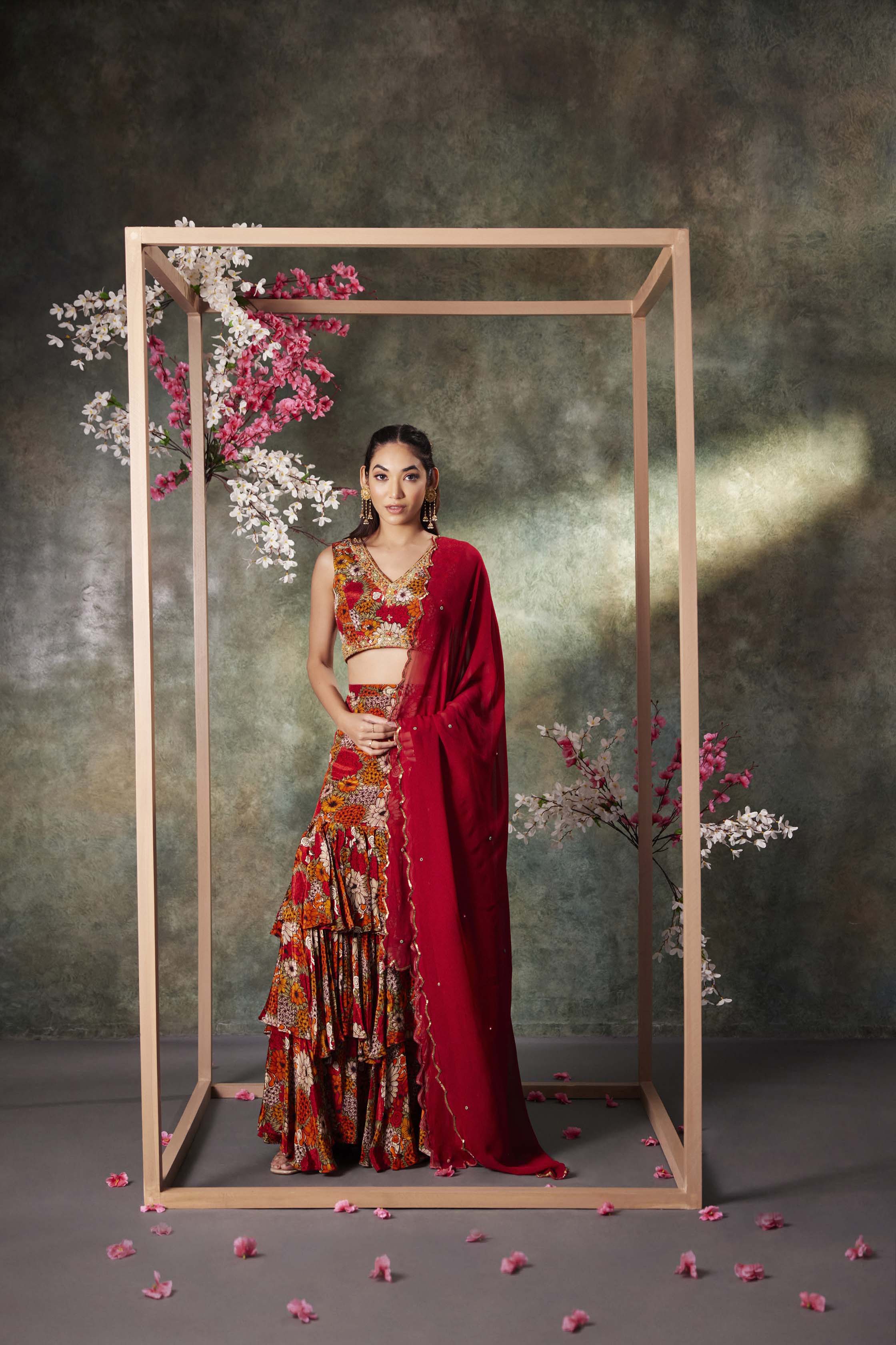 CY Mehak Murpana Orange Printed Choli, Ruffle Skirt And Dupatta Set With Embroidery Front 1