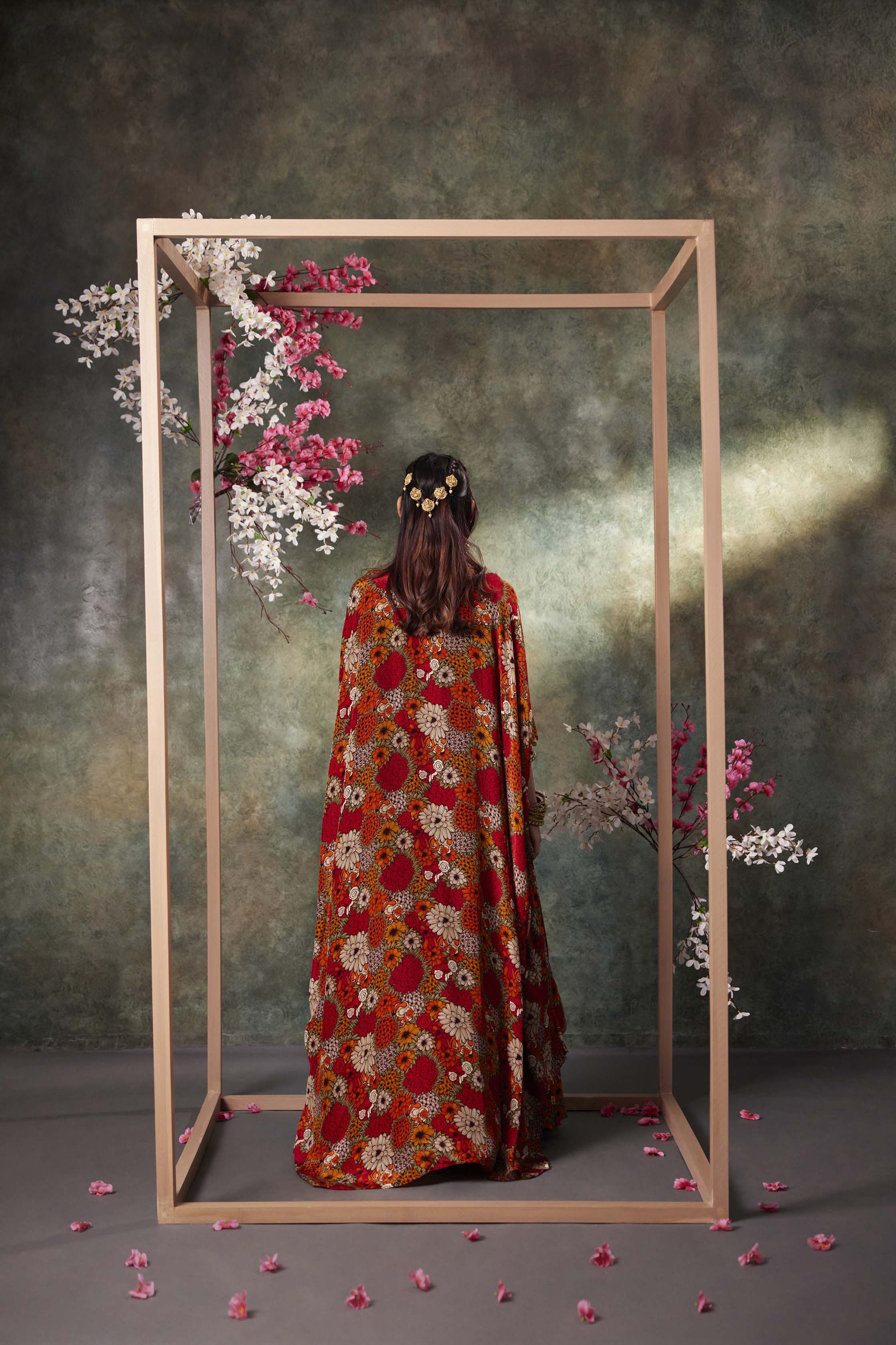 CY Mehak Murpana Orange Printed Choli, Skirt And Jacket Set With Embroidery Back 1