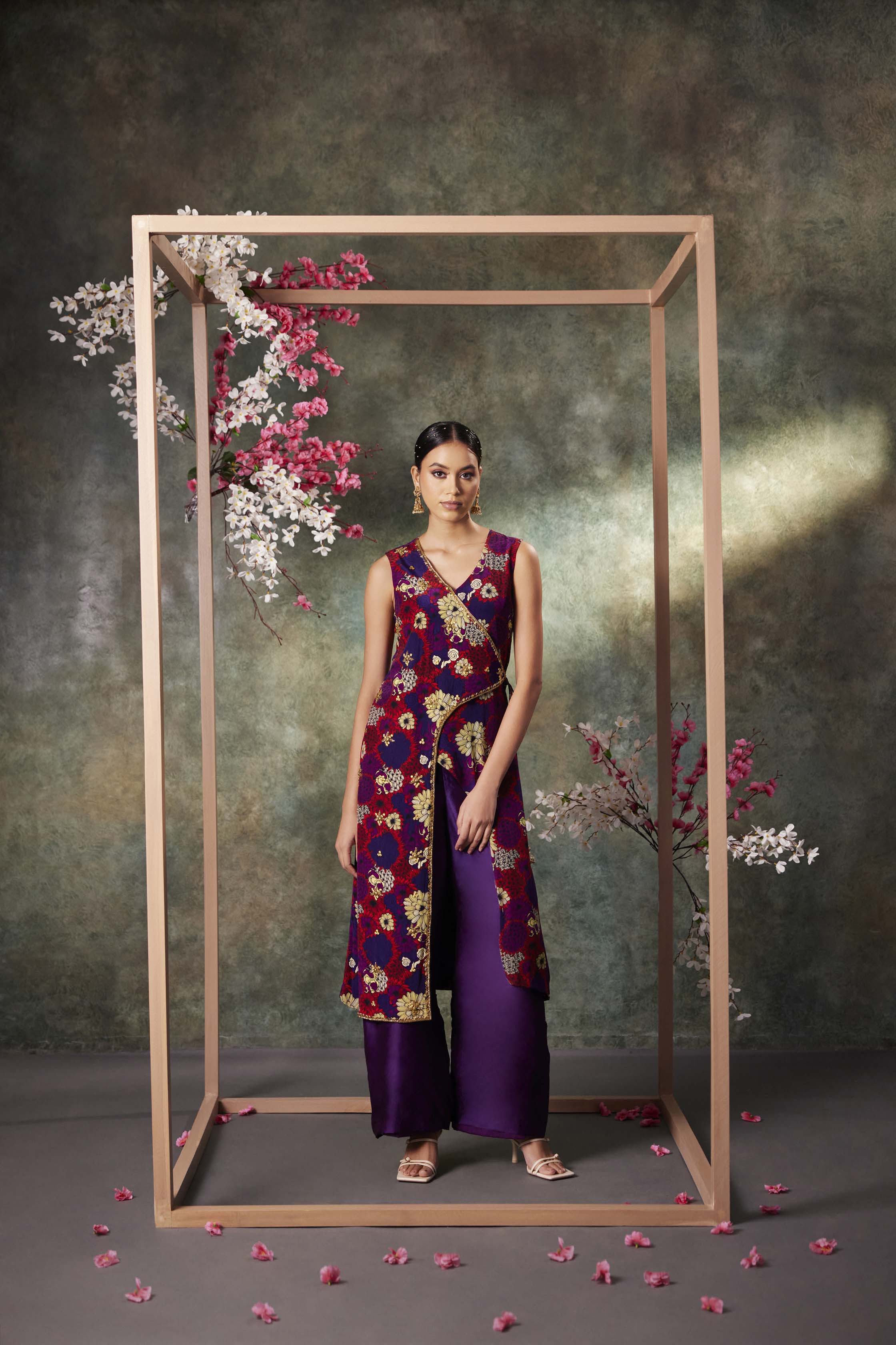 CY Mehak Murpana Purple Printed Overlap Kurta And Pants Set With Embroidery Front 1