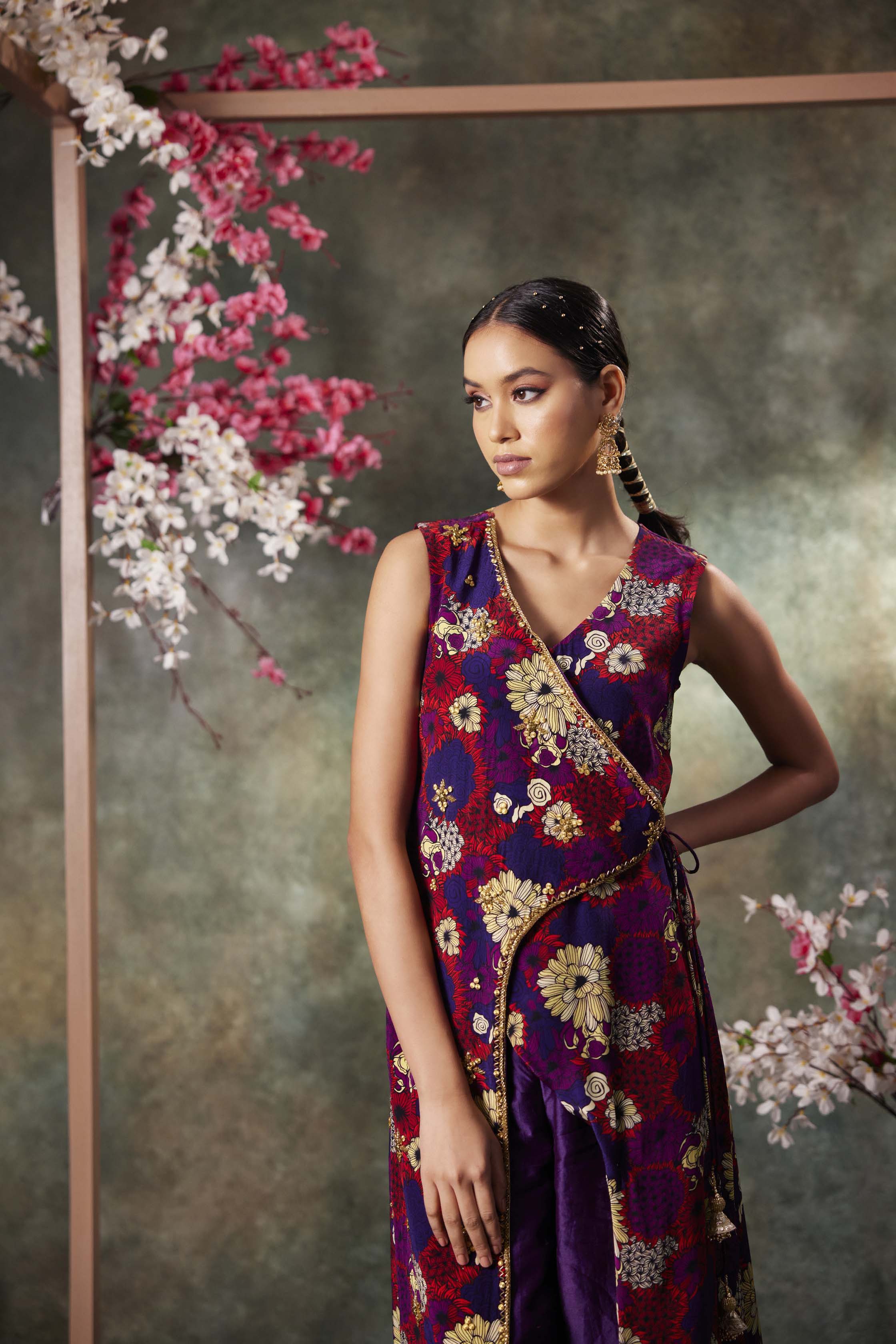 CY Mehak Murpana Purple Printed Overlap Kurta And Pants Set With Embroidery Side 1