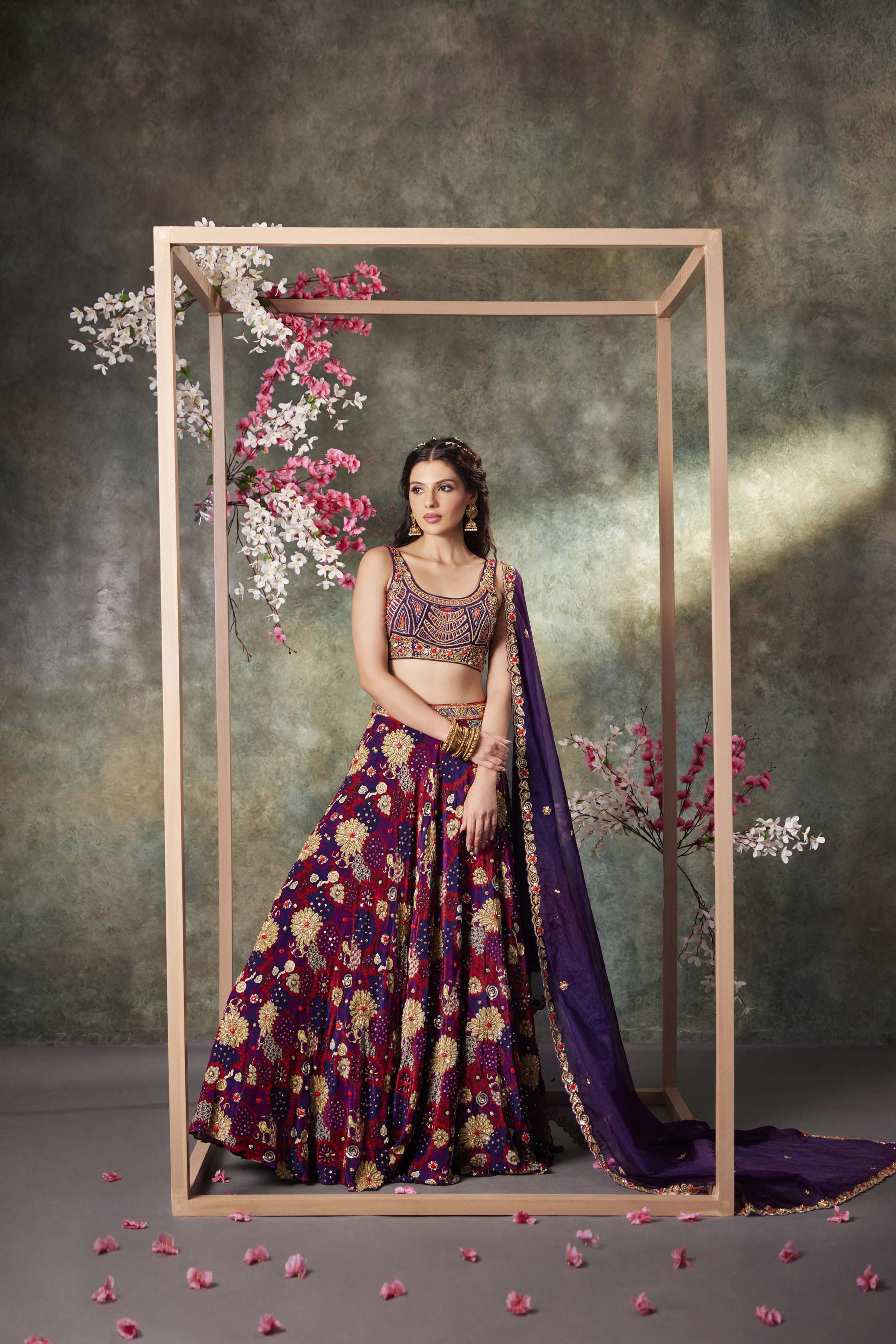 CY Mehak Murpana Purple Printed Choli, Lehenga And Dupatta Set With Embroidery Front 1