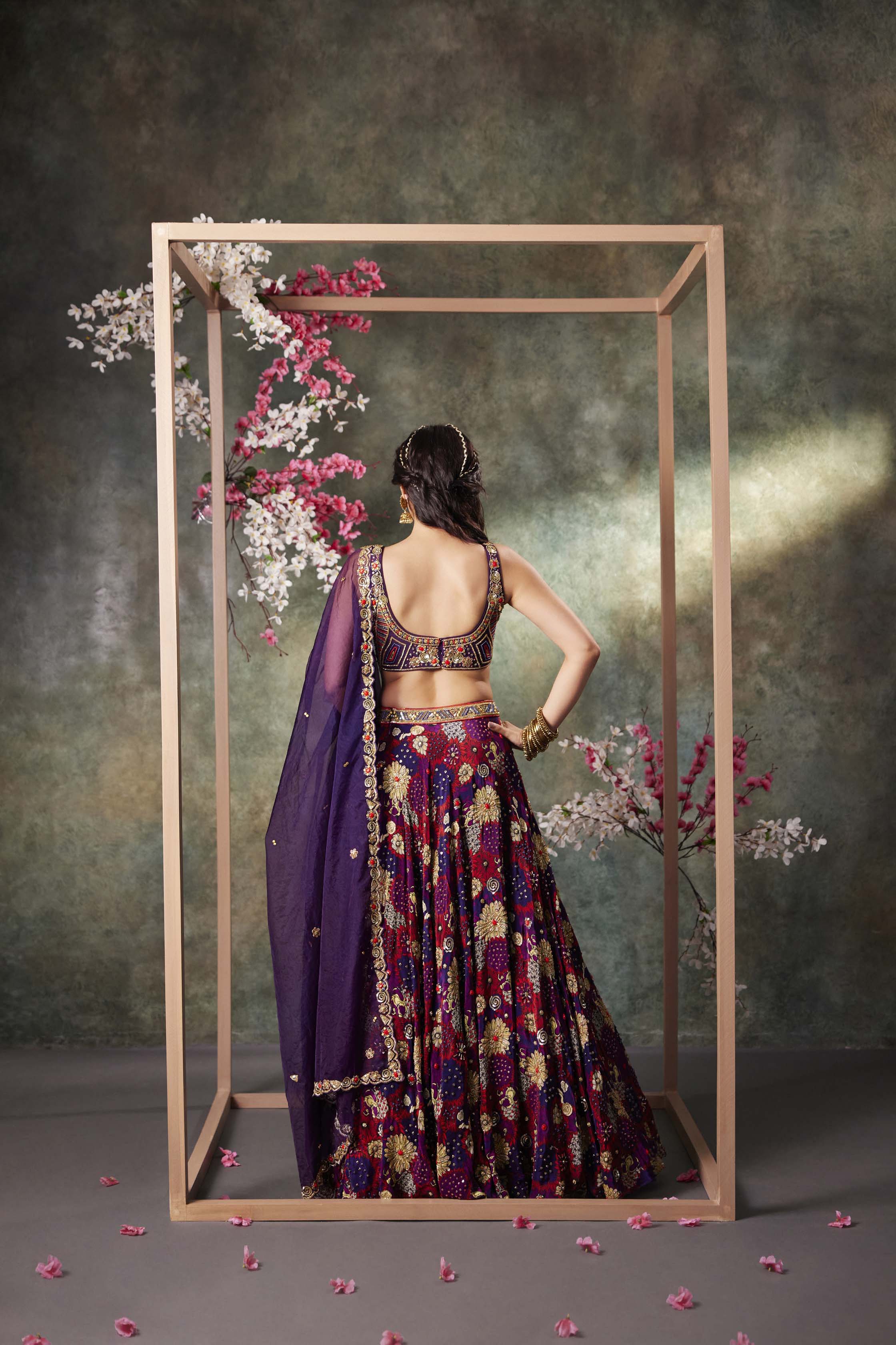 CY Mehak Murpana Purple Printed Choli, Lehenga And Dupatta Set With Embroidery Back 1