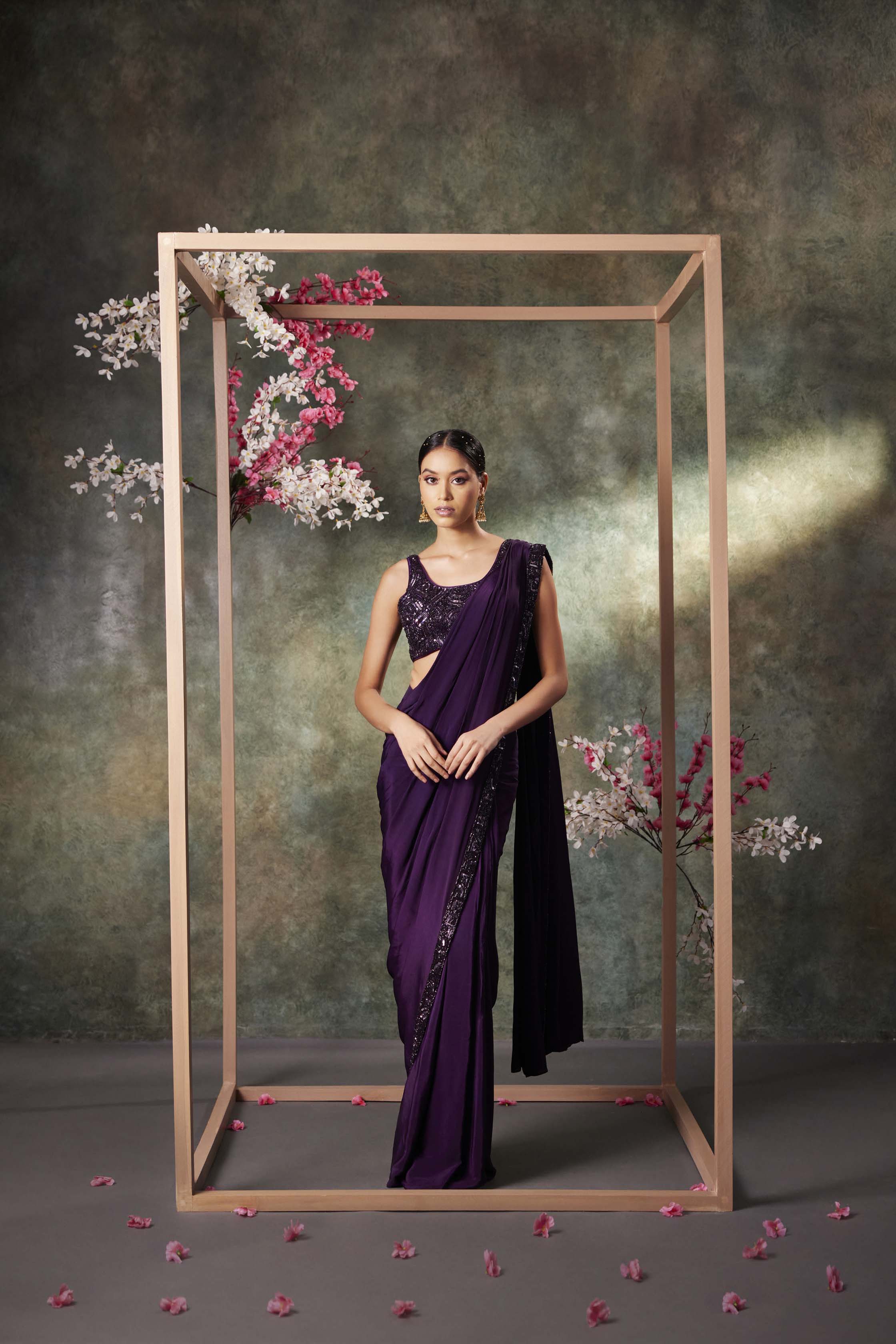 CY Mehak Murpana Purple Pre Draped Saree Set Front 1