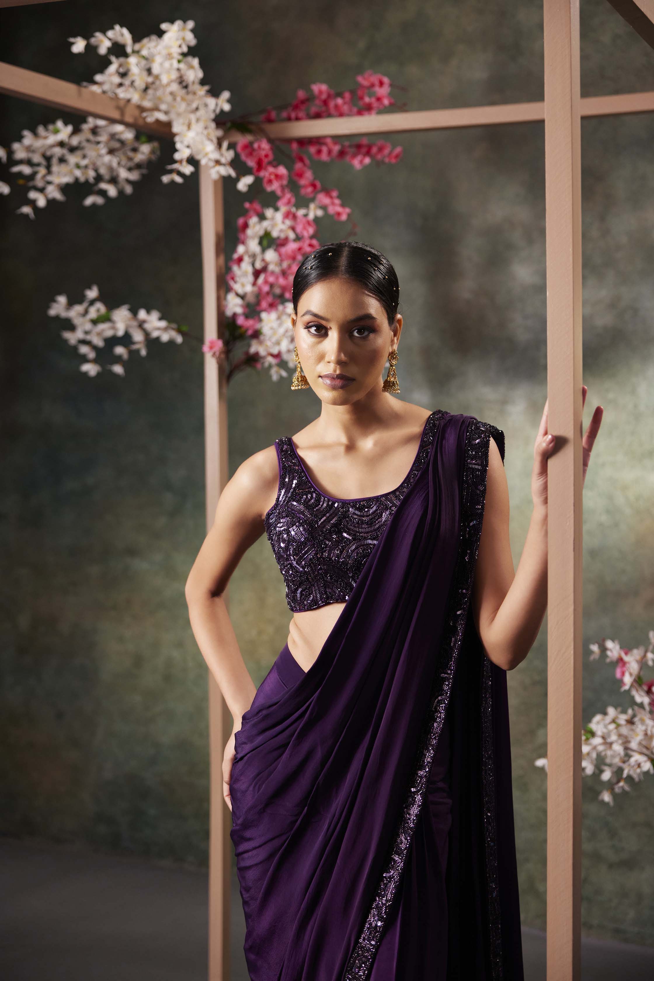 CY Mehak Murpana Purple Pre Draped Saree Set Side 1