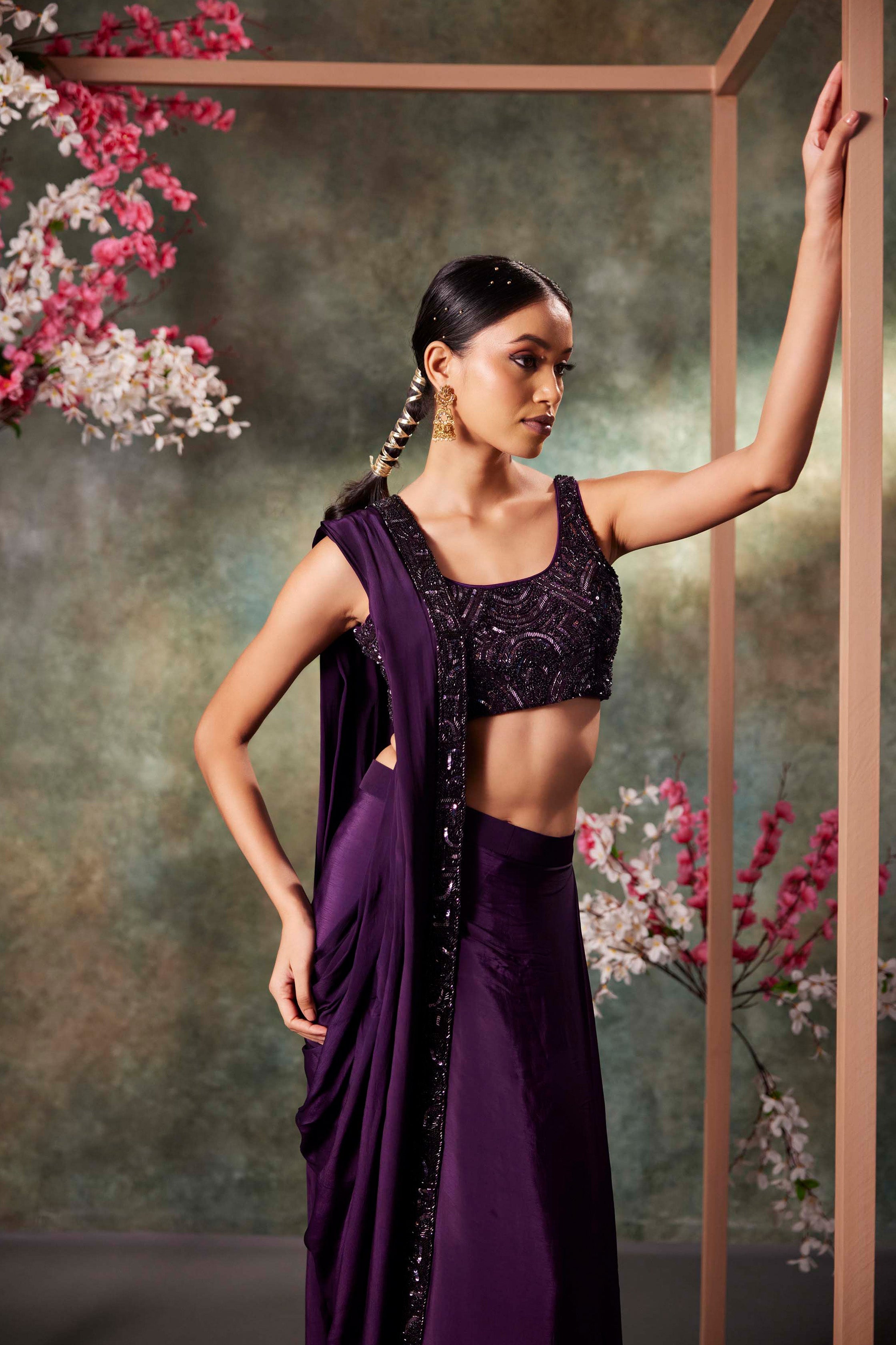 CY Mehak Murpana Purple Pre Draped Saree Set Side 1