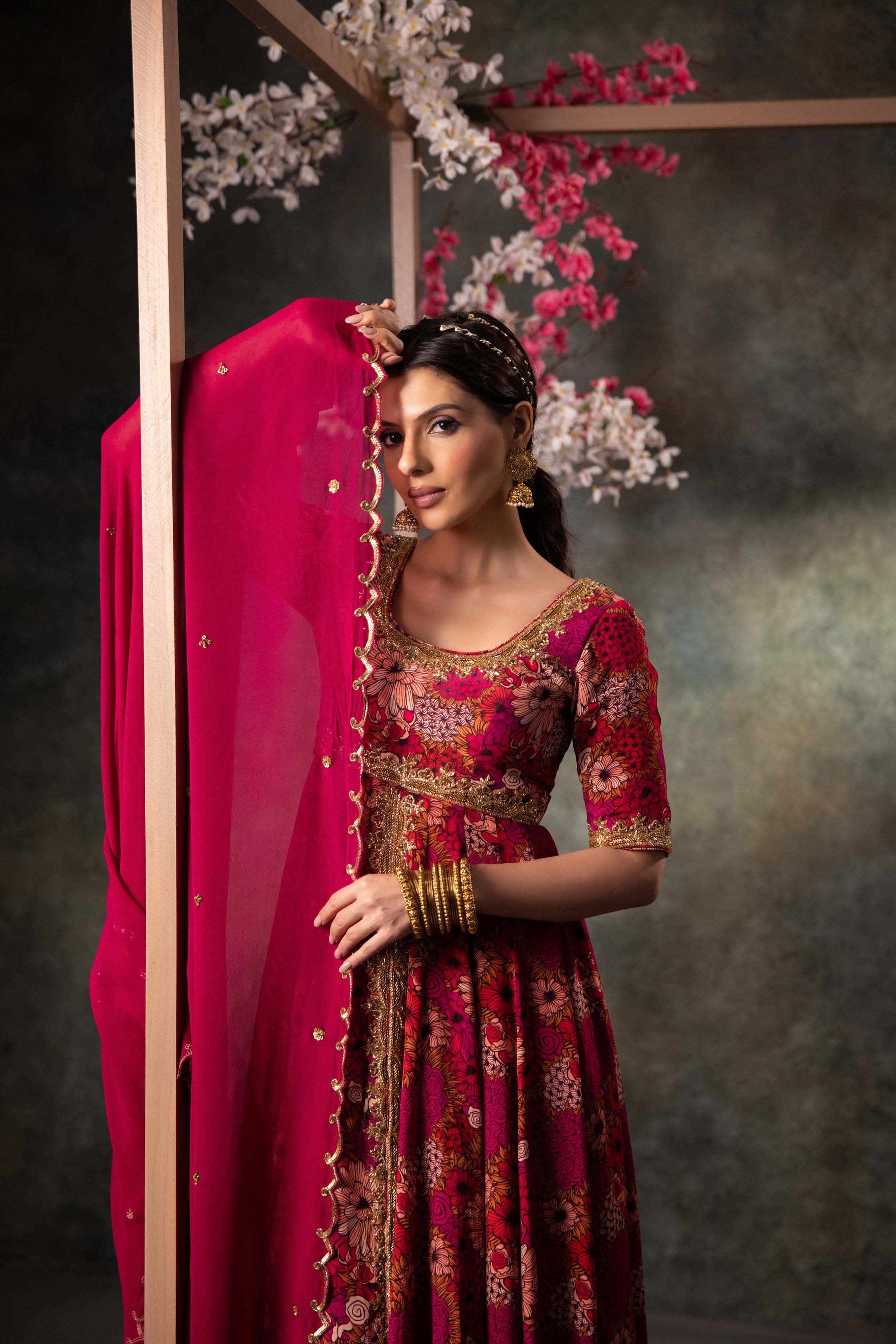 CY Mehak Murpana Pink Printed Anarkali, Pants And Dupatta Set With Embroidery Front 3