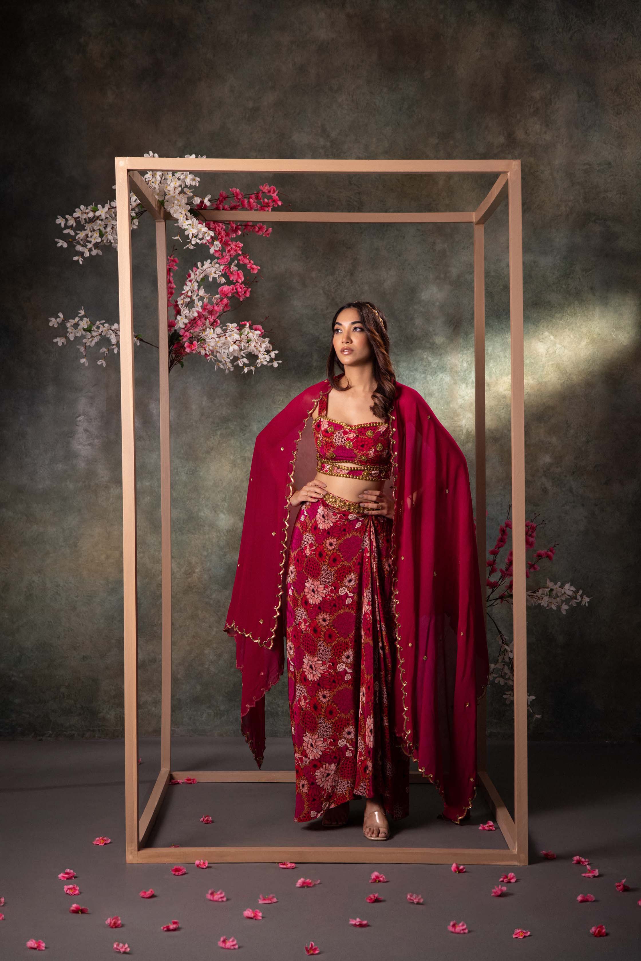 CY Mehak Murpana Pink Printed Choli, Skirt And Dupatta Set With Embroidery Front 1