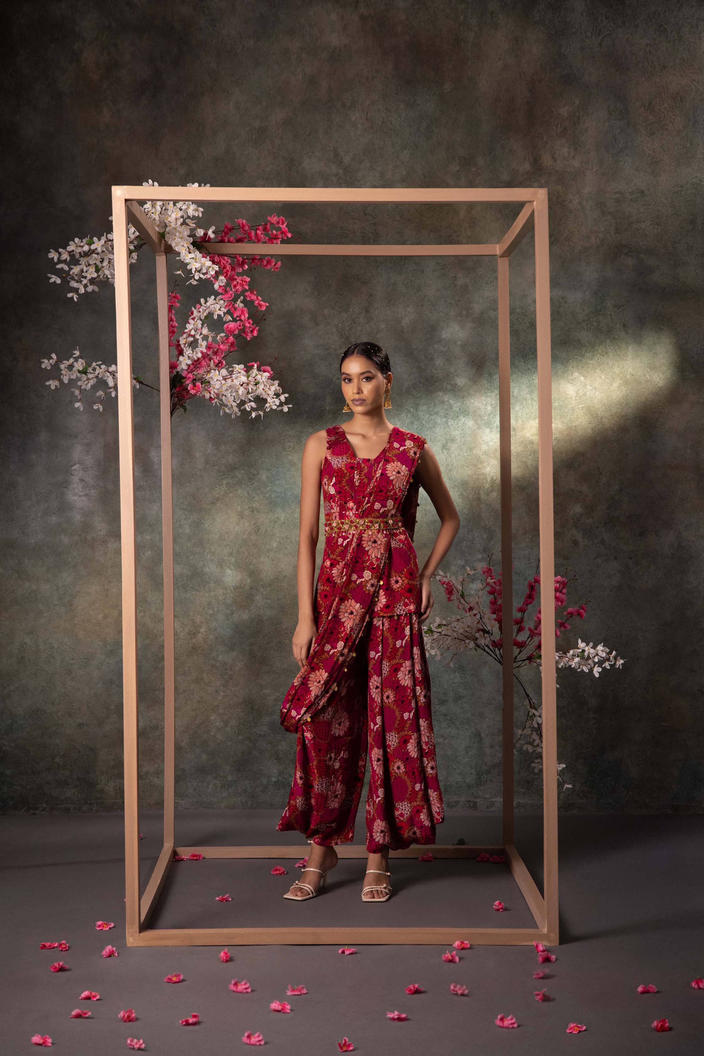 CY Mehak Murpana Pink Printed Top, Draped Pants, Drape And Belt Set With Embroidery Front 1