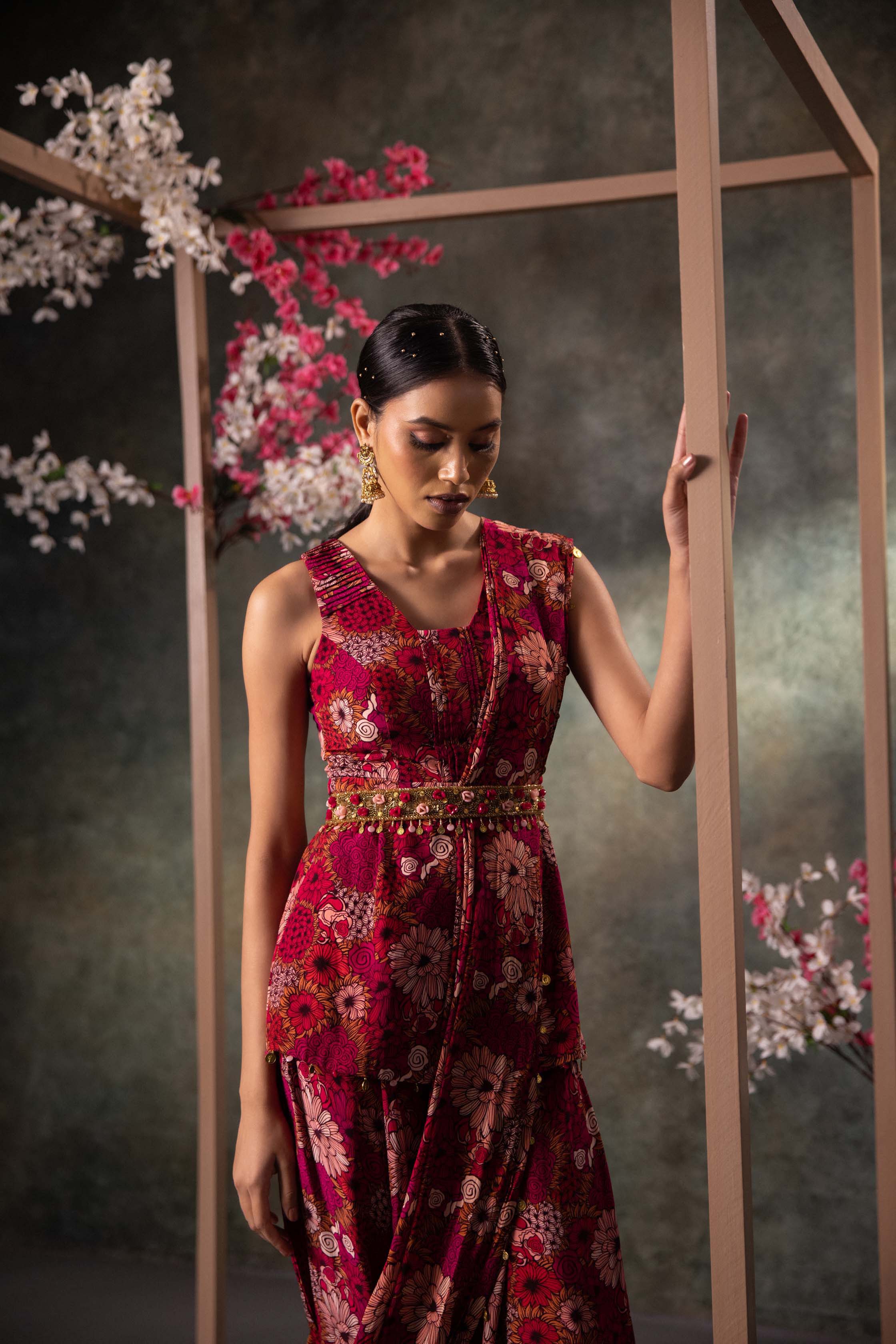 CY Mehak Murpana Pink Printed Top, Draped Pants, Drape And Belt Set With Embroidery Side 1