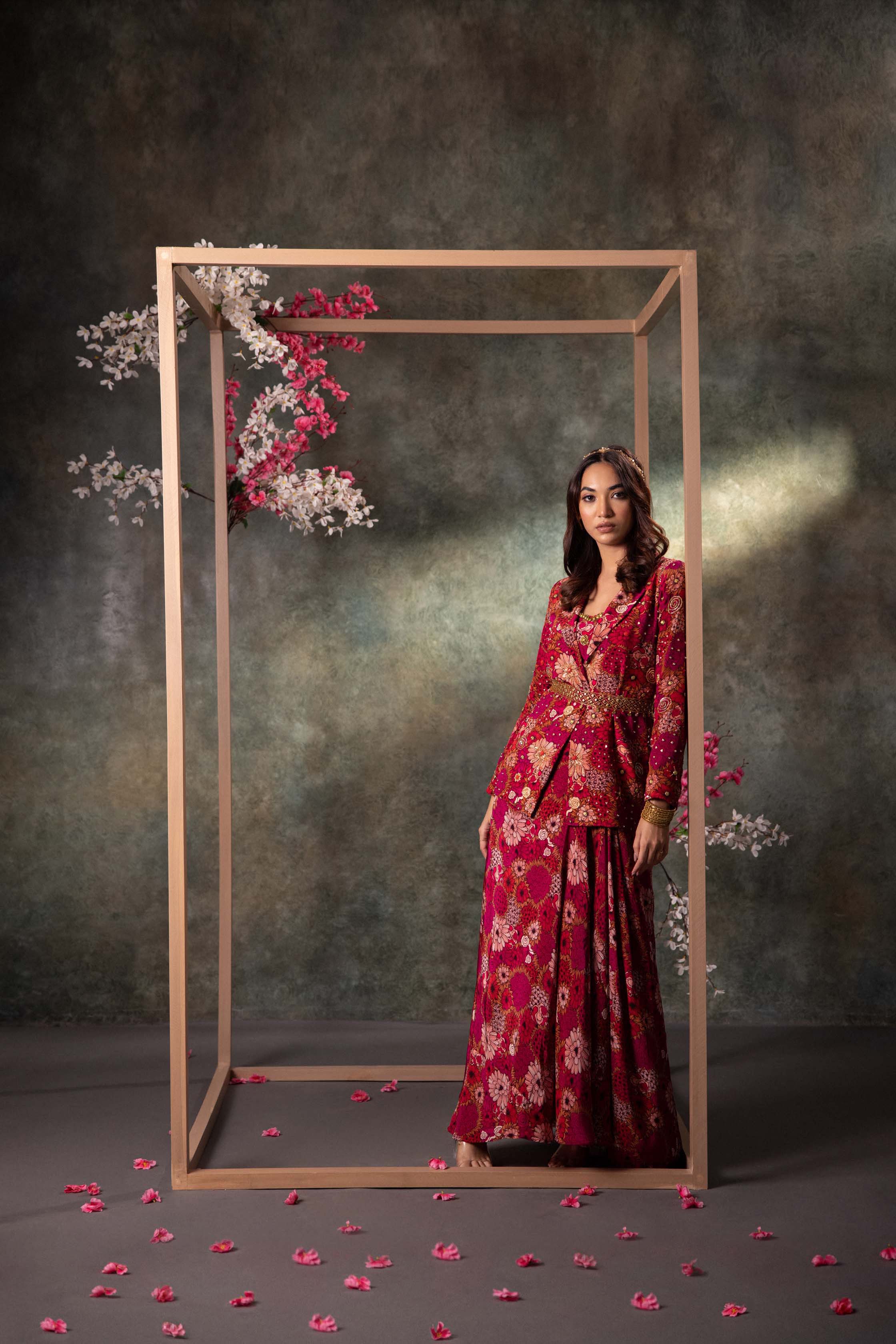 CY Mehak Murpana Pink Printed Choli, Skirt, Blazer And Belt Set With Embroidery Front 1