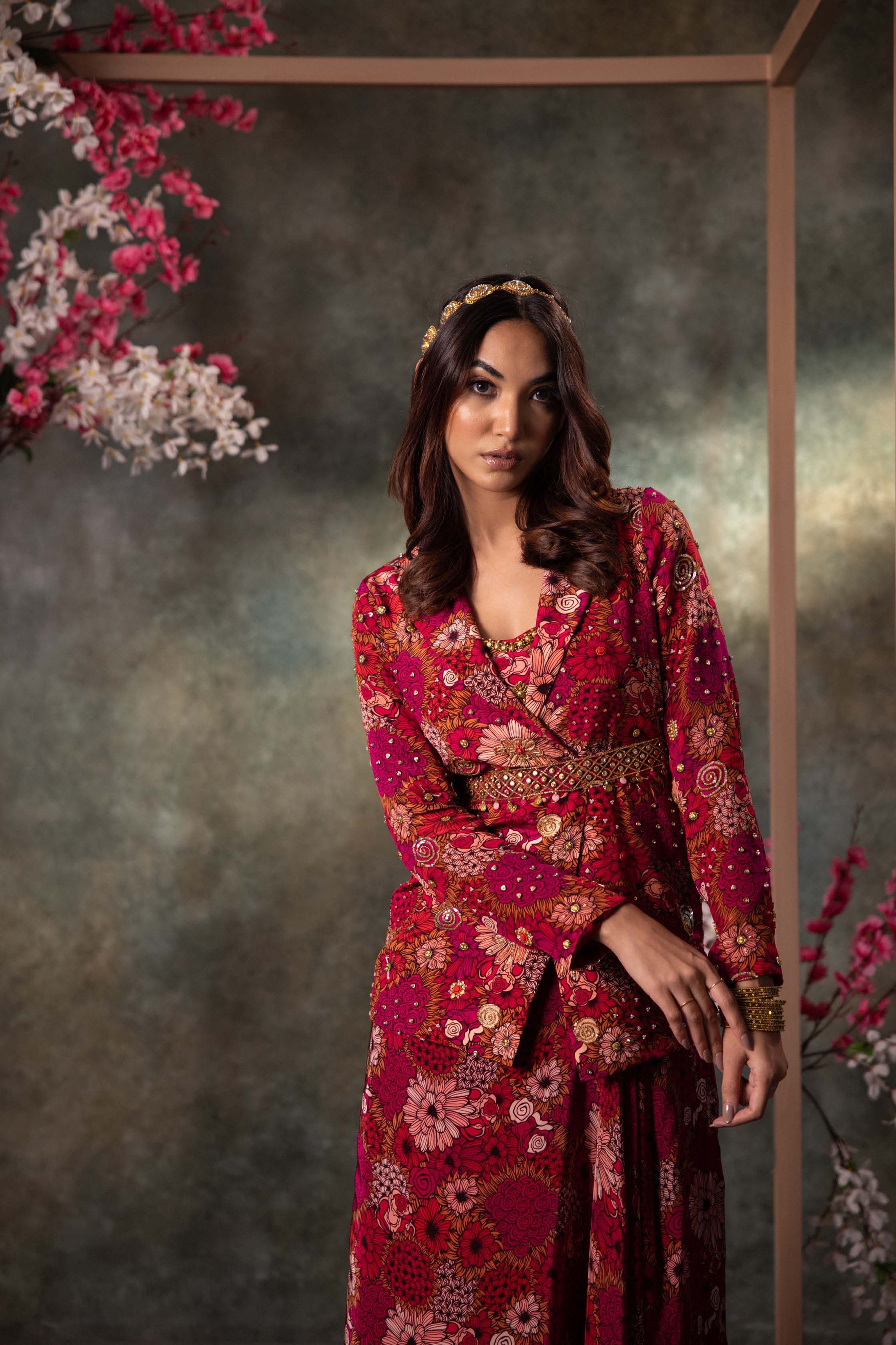 CY Mehak Murpana Pink Printed Choli, Skirt, Blazer And Belt Set With Embroidery Side 1