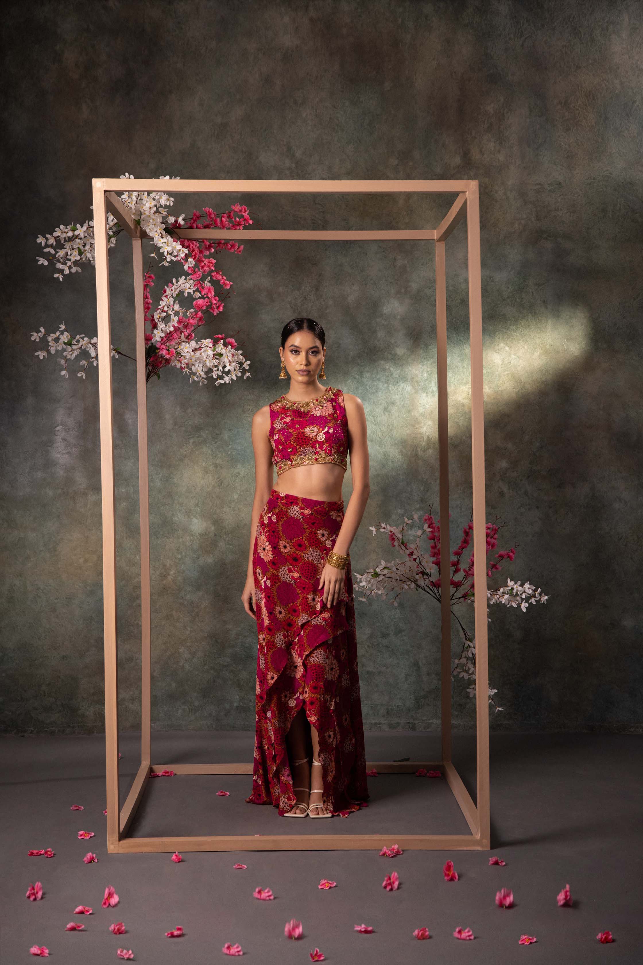 CY Mehak Murpana Pink Printed Backless Top And Asymmetrical Skirt Set With Embroidery Front 1