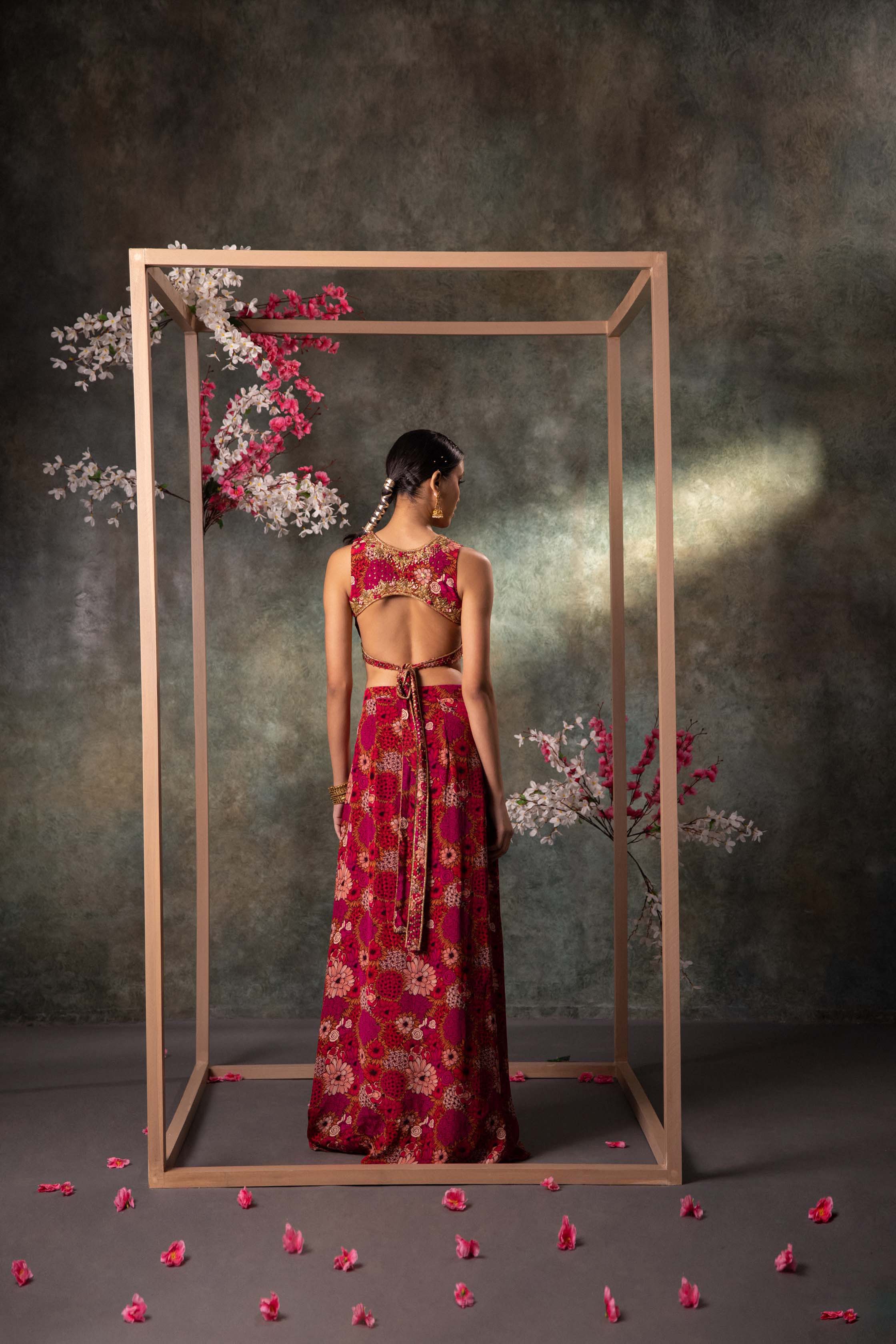 CY Mehak Murpana Pink Printed Backless Top And Asymmetrical Skirt Set With Embroidery Back 1