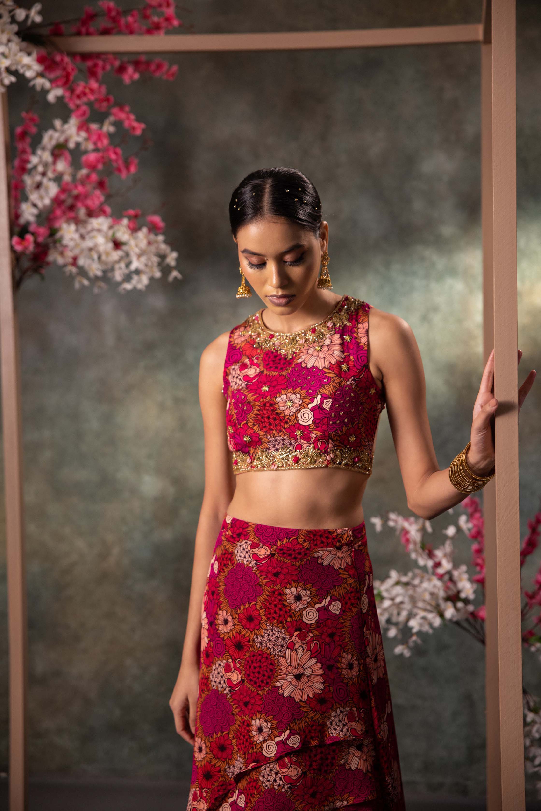 CY Mehak Murpana Pink Printed Backless Top And Asymmetrical Skirt Set With Embroidery Side 1