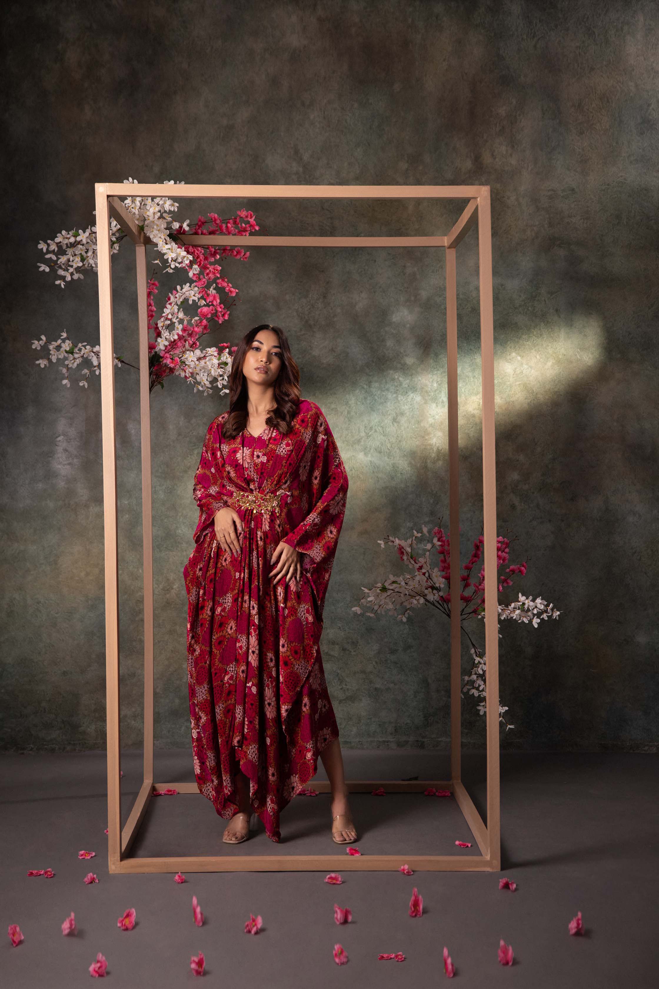 CY Mehak Murpana Pink Printed Kaftan With Embroidery Front 1