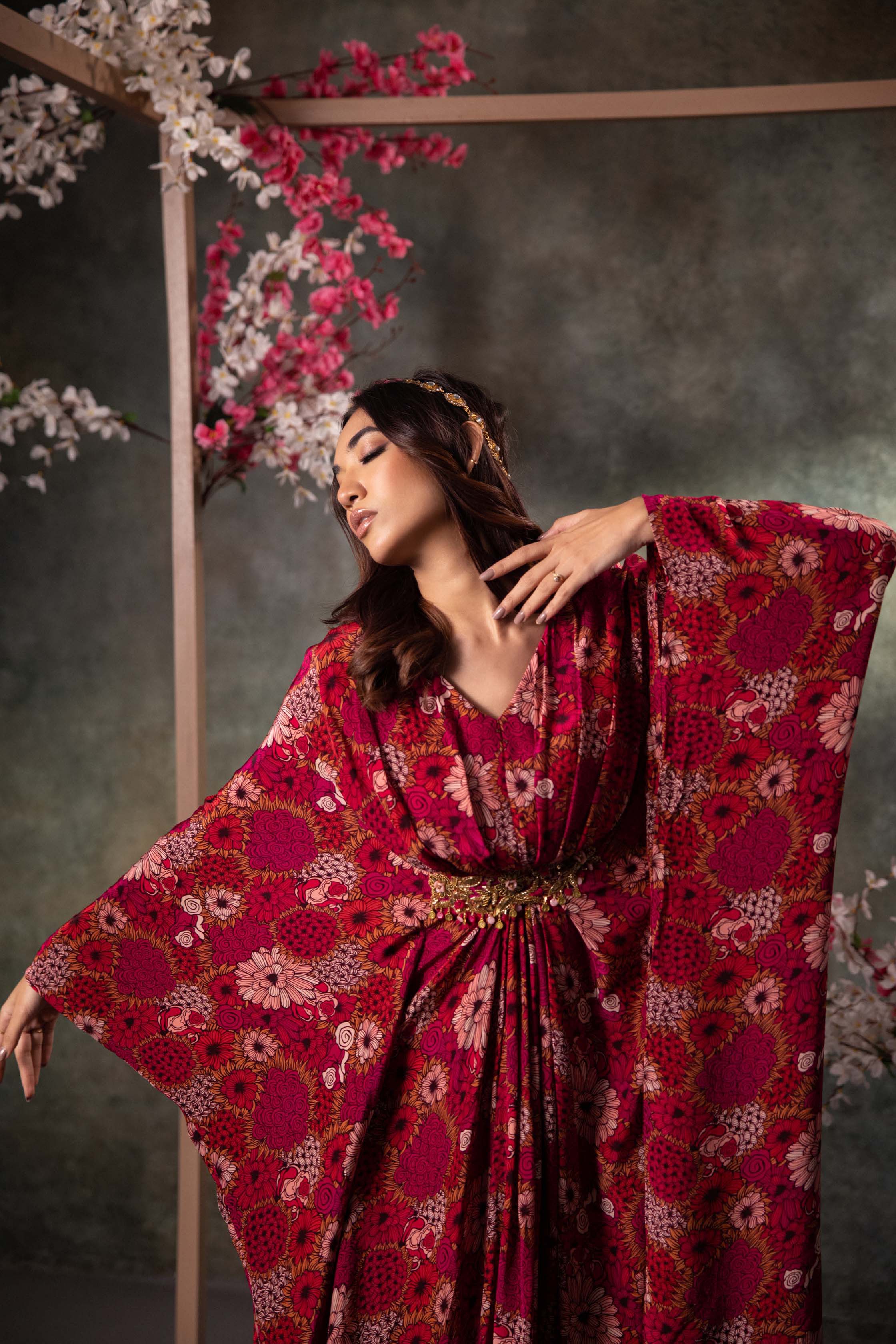 CY Mehak Murpana Pink Printed Kaftan With Embroidery Side 1