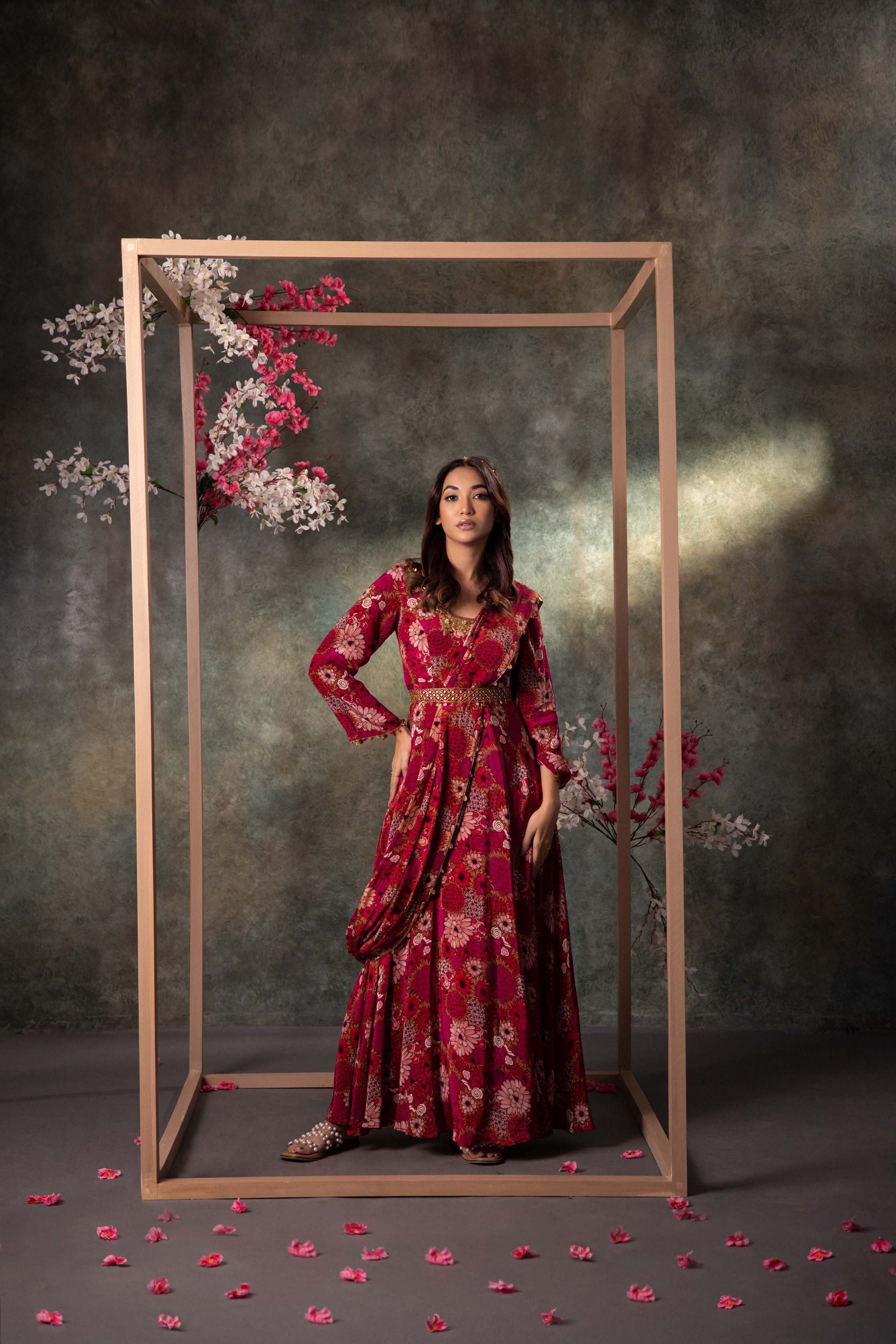 CY Mehak Murpana Pink Printed Anarkali, Drape And Belt Set With Embroidery Front 1