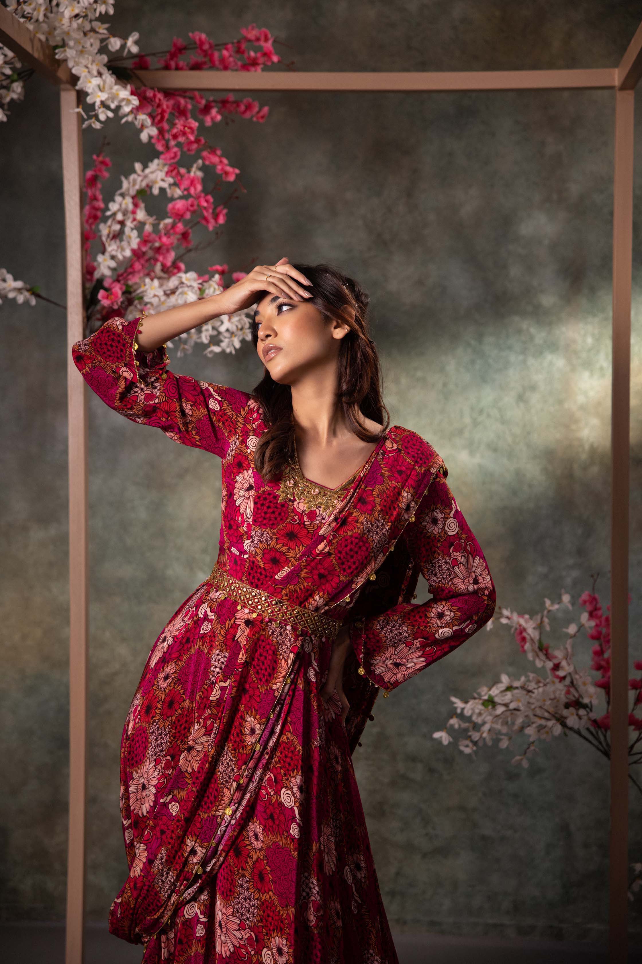 CY Mehak Murpana Pink Printed Anarkali, Drape And Belt Set With Embroidery Side 1