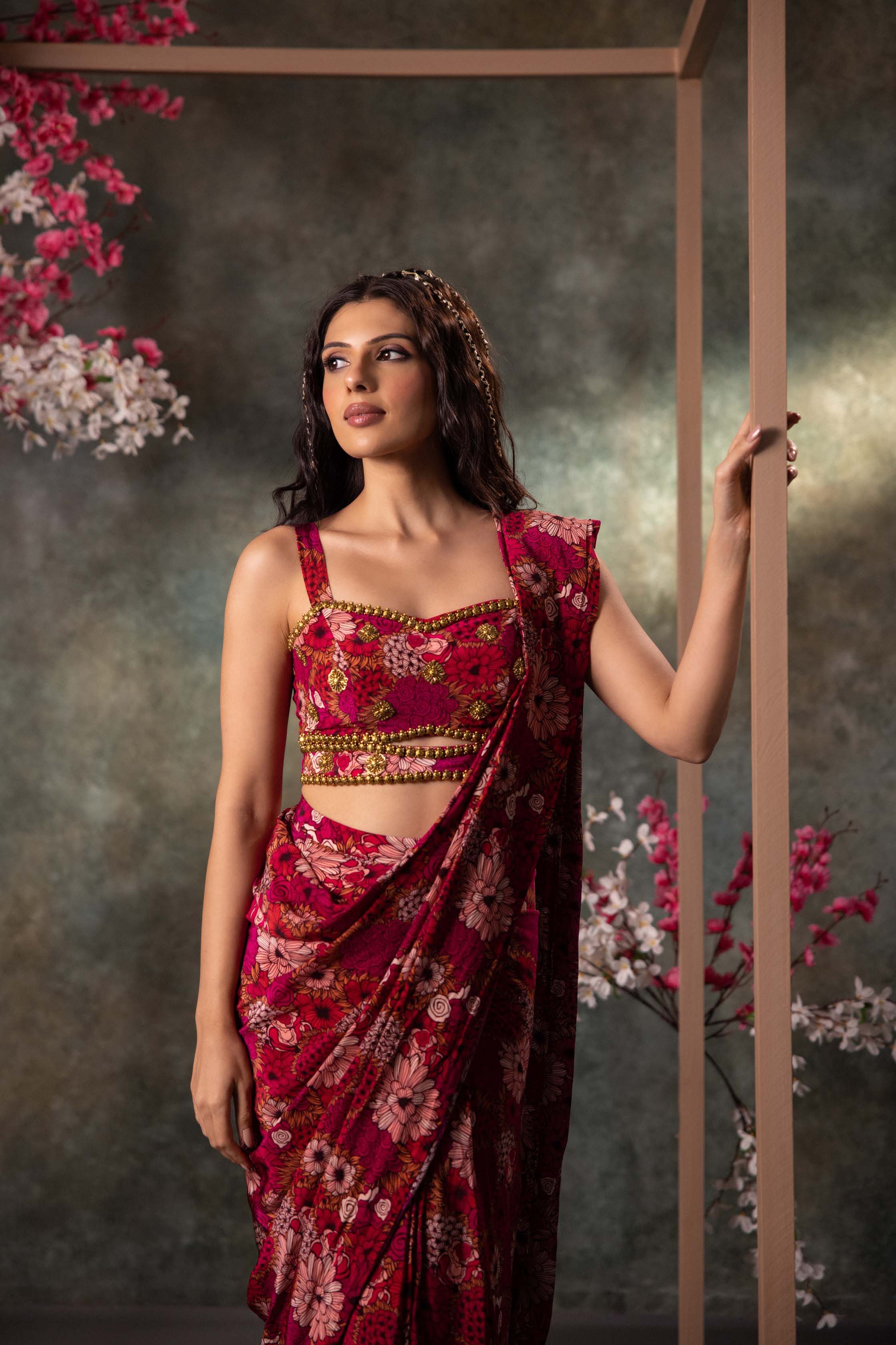 CY Mehak Murpana Pink Printed Saree Set With Embroidery Side 1