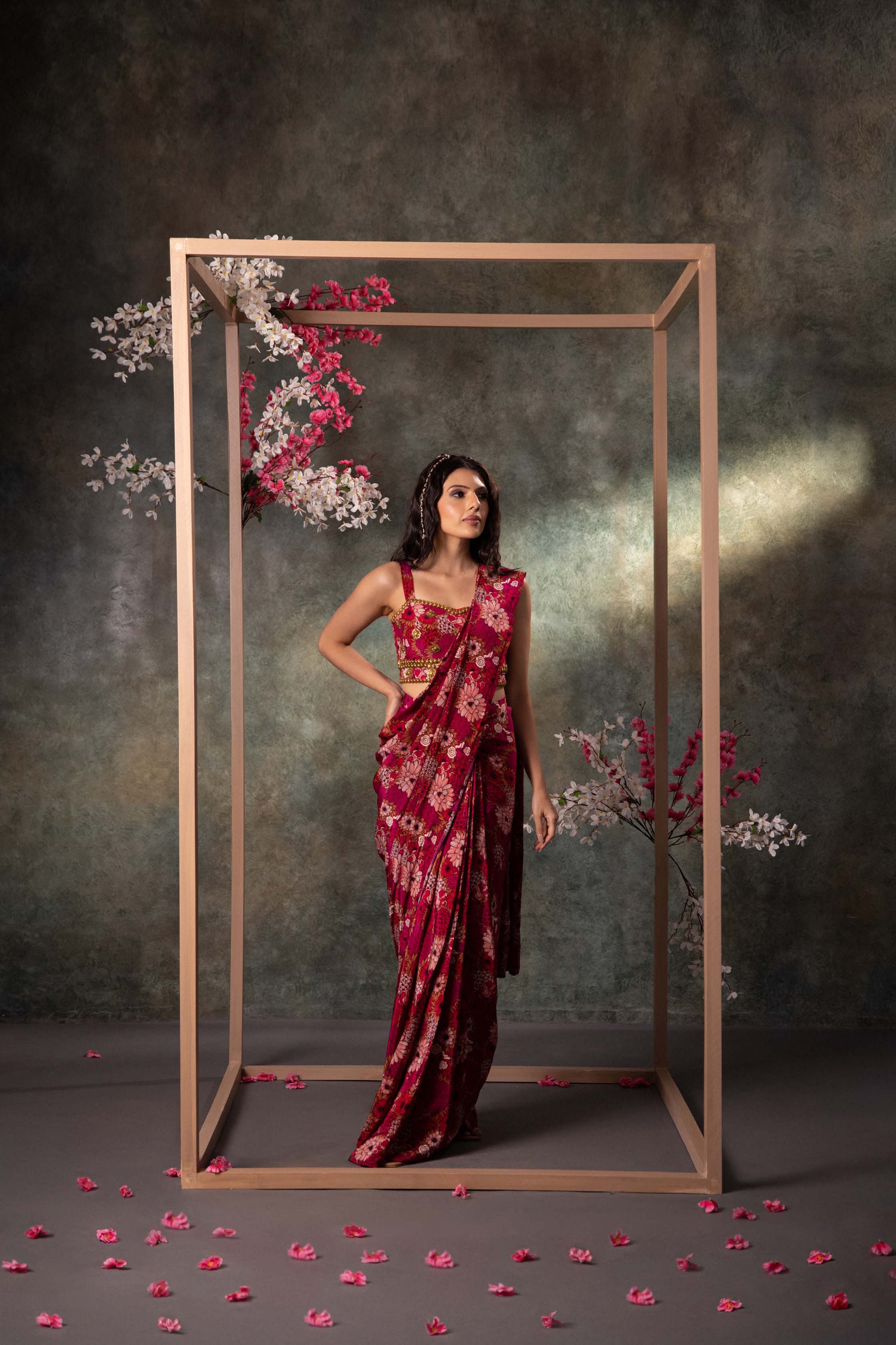 CY Mehak Murpana Pink Printed Saree Set With Embroidery Front 1