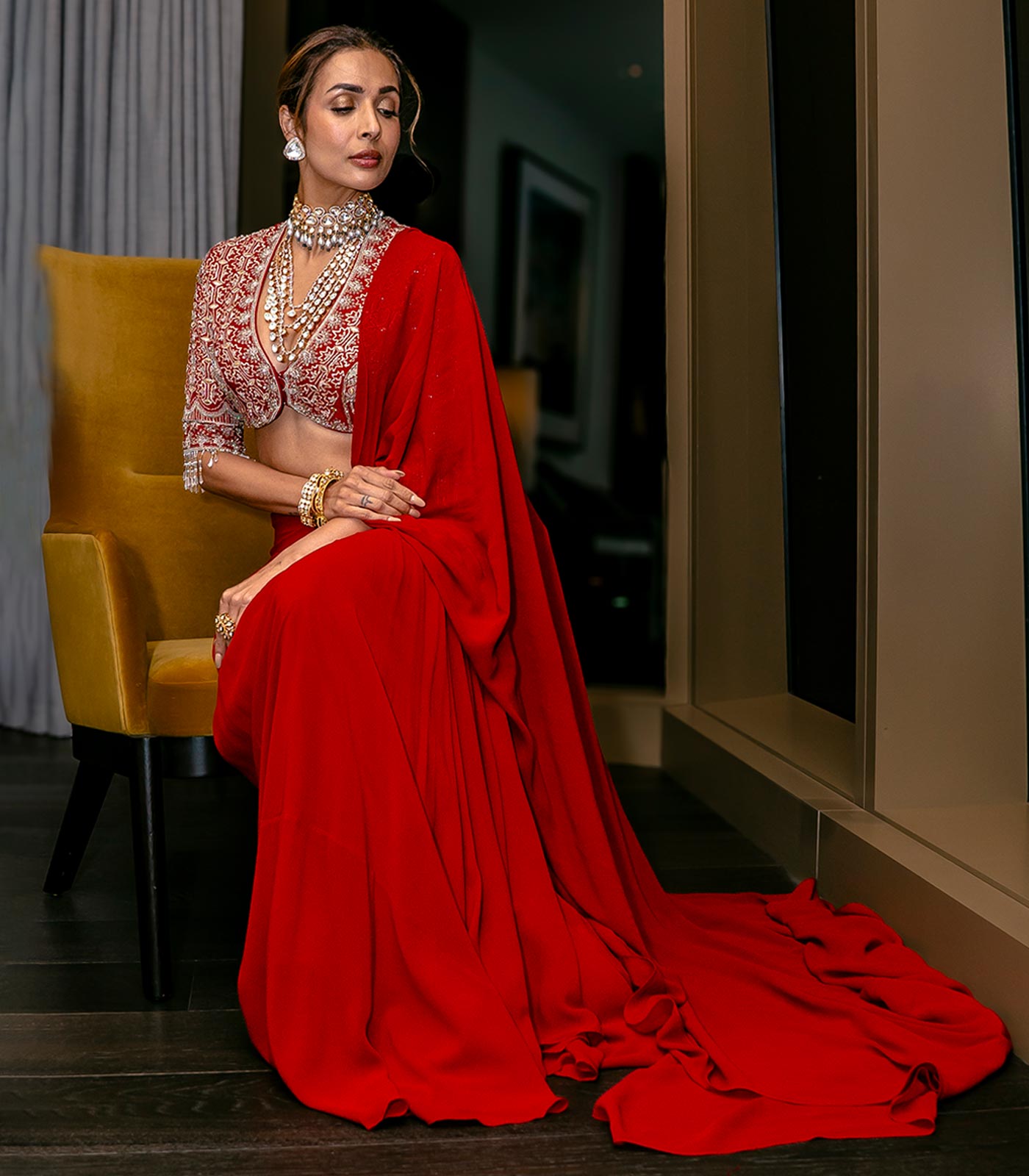 Malaika in Red Pre-Draped saree set by Jayanti Reddy-Front-2