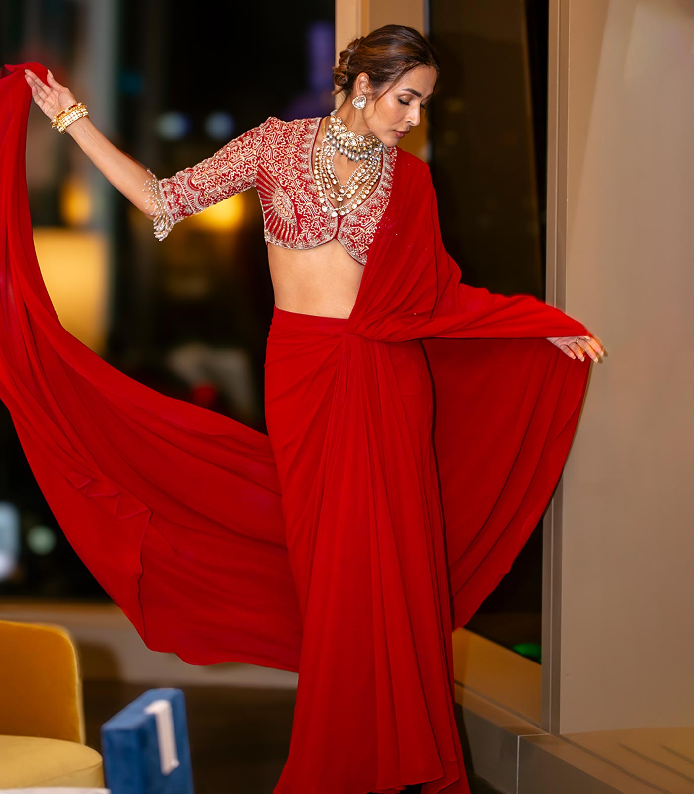 Malaika in Red Pre-Draped saree set by Jayanti Reddy-Front-1