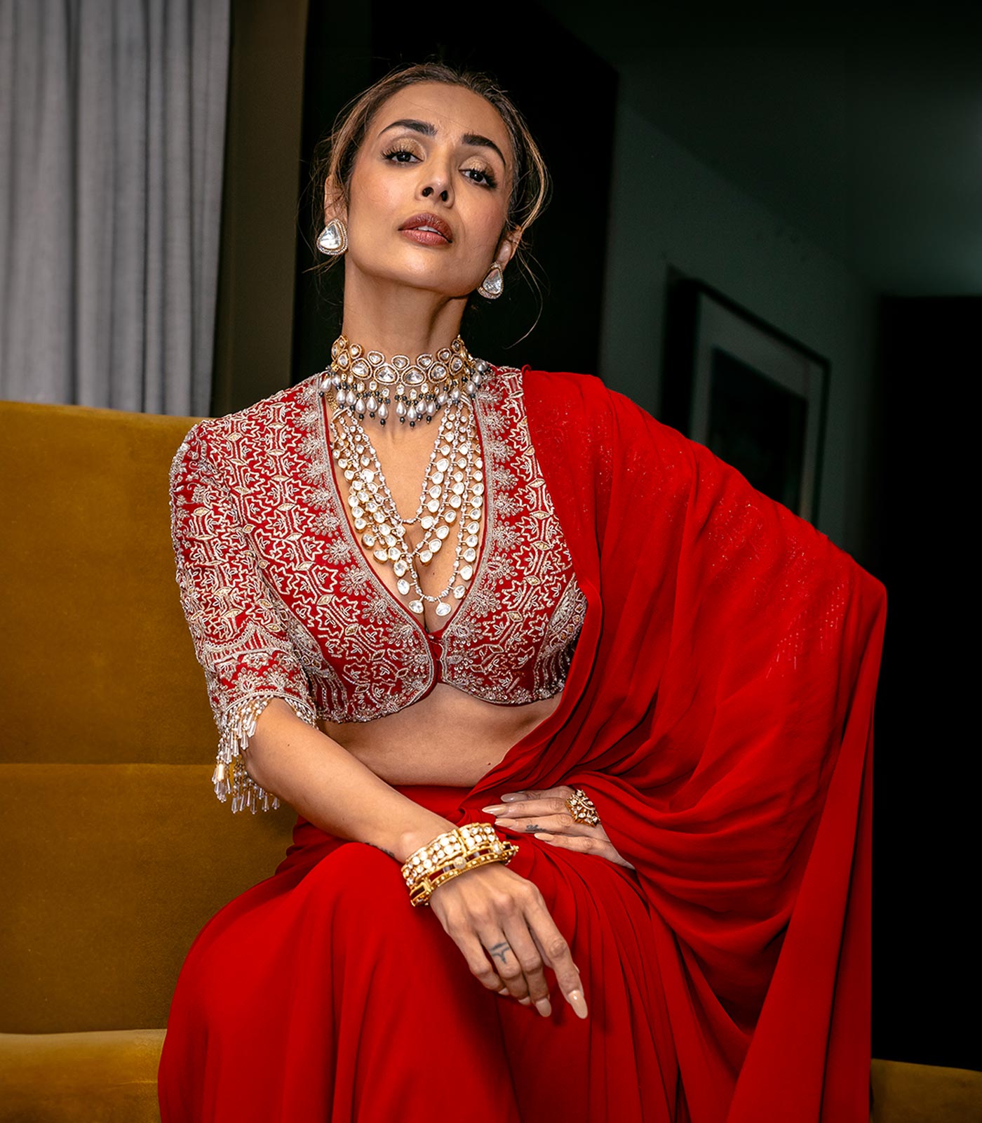 Malaika in Red Pre-Draped saree set by Jayanti Reddy-Closeup-2