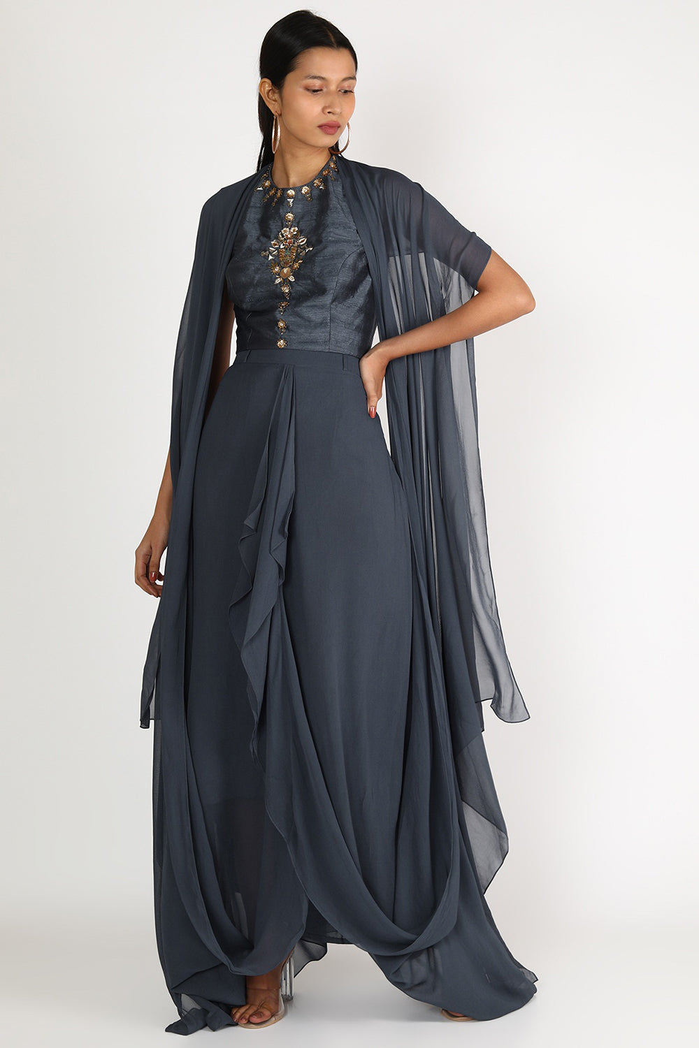 Embroidered Dusky Blue Draped Skirt Set - Auraya Fashion - Nidhika Shekhar - #tag1# - #tag2# - #tag3# - #tag3#