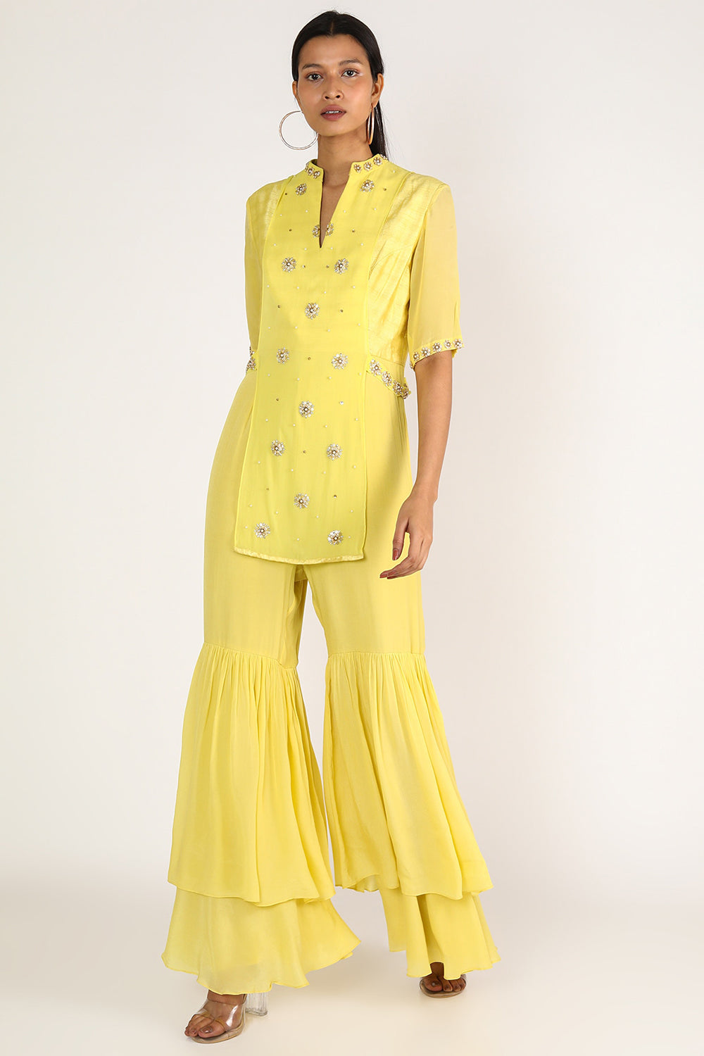 Hand Embroidered Yellow Indo Jumpsuit - Auraya Fashion - Nidhika Shekhar - #tag1# - #tag2# - #tag3# - #tag3#