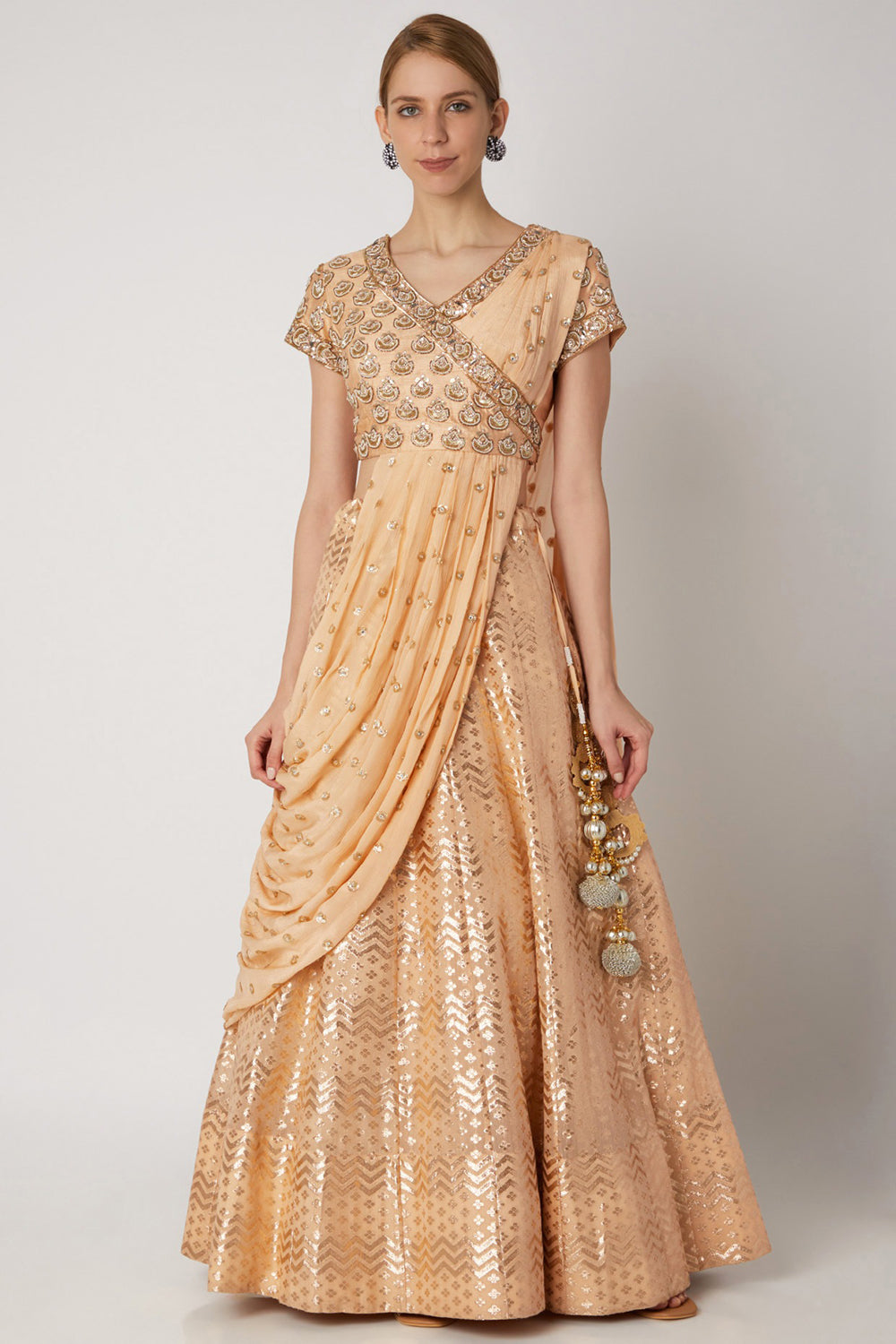 Embroidered Peach Draped Lehenga Set - Auraya Fashion - Nidhika Shekhar - #tag1# - #tag2# - #tag3# - #tag3#