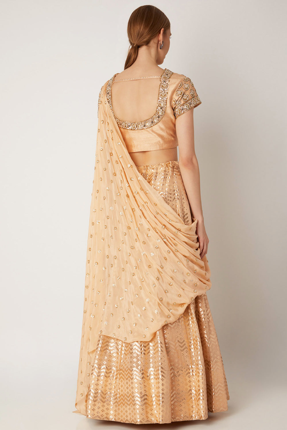 Embroidered Peach Draped Lehenga Set - Auraya Fashion -  - #tag1# - #tag2# - #tag3# - #tag3#