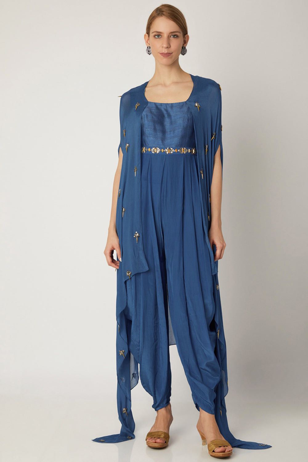 Embroidered Indigo Blue Jumpsuit With Attached Cape - Auraya Fashion - Nidhika Shekhar - #tag1# - #tag2# - #tag3# - #tag3#