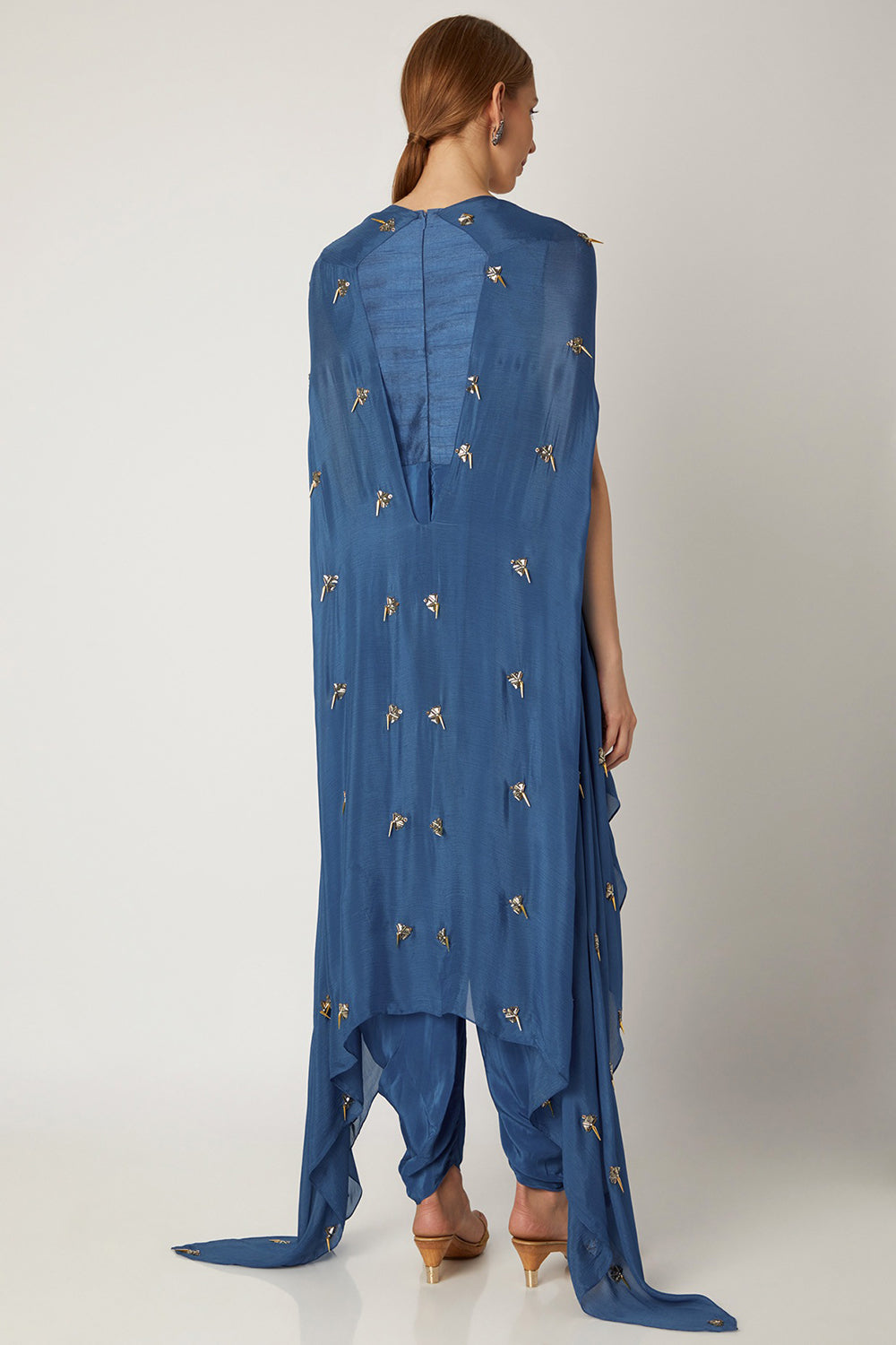 Embroidered Indigo Blue Jumpsuit With Attached Cape - Auraya Fashion -  - #tag1# - #tag2# - #tag3# - #tag3#