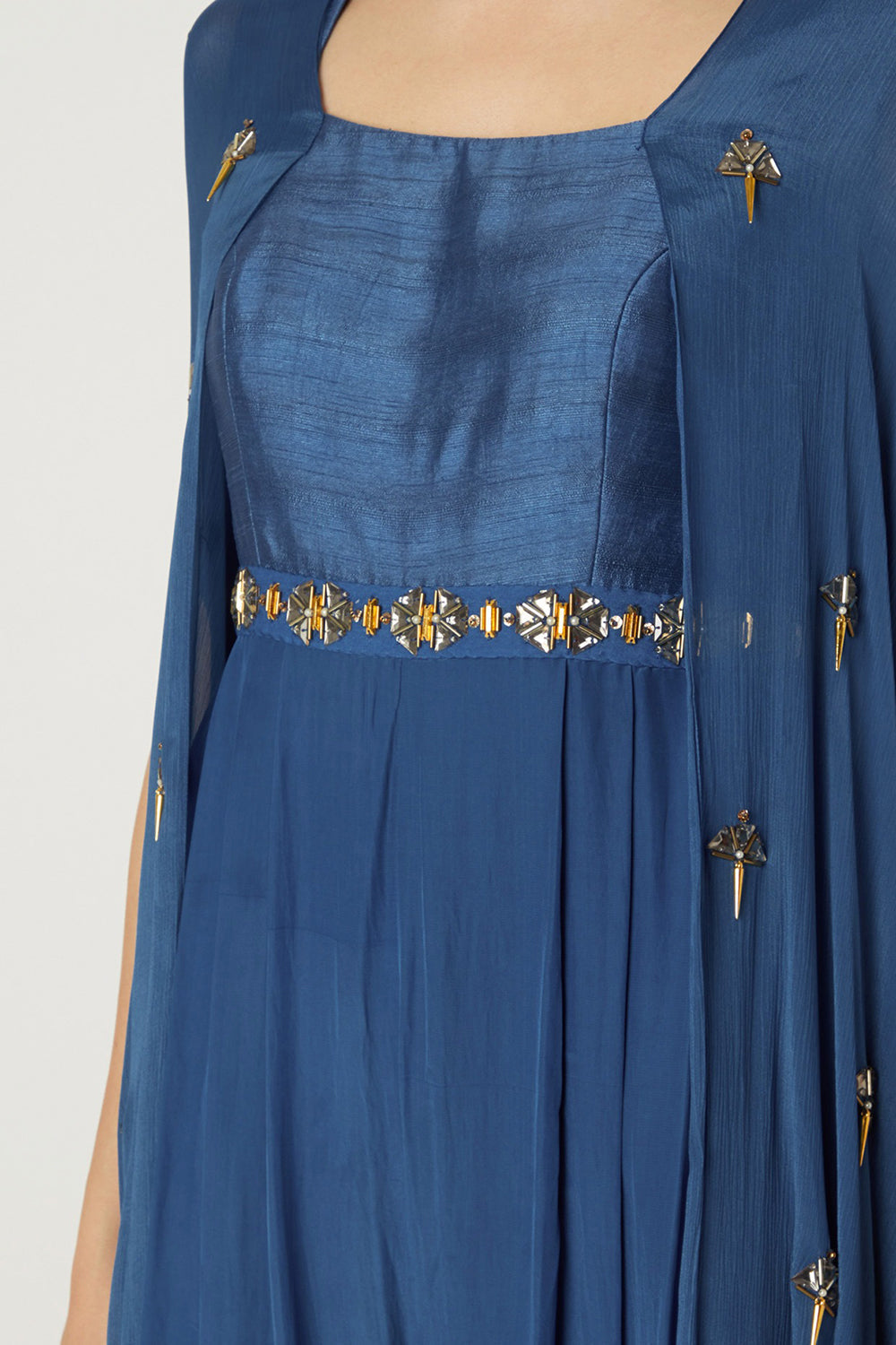 Embroidered Indigo Blue Jumpsuit With Attached Cape - Auraya Fashion -  - #tag1# - #tag2# - #tag3# - #tag3#