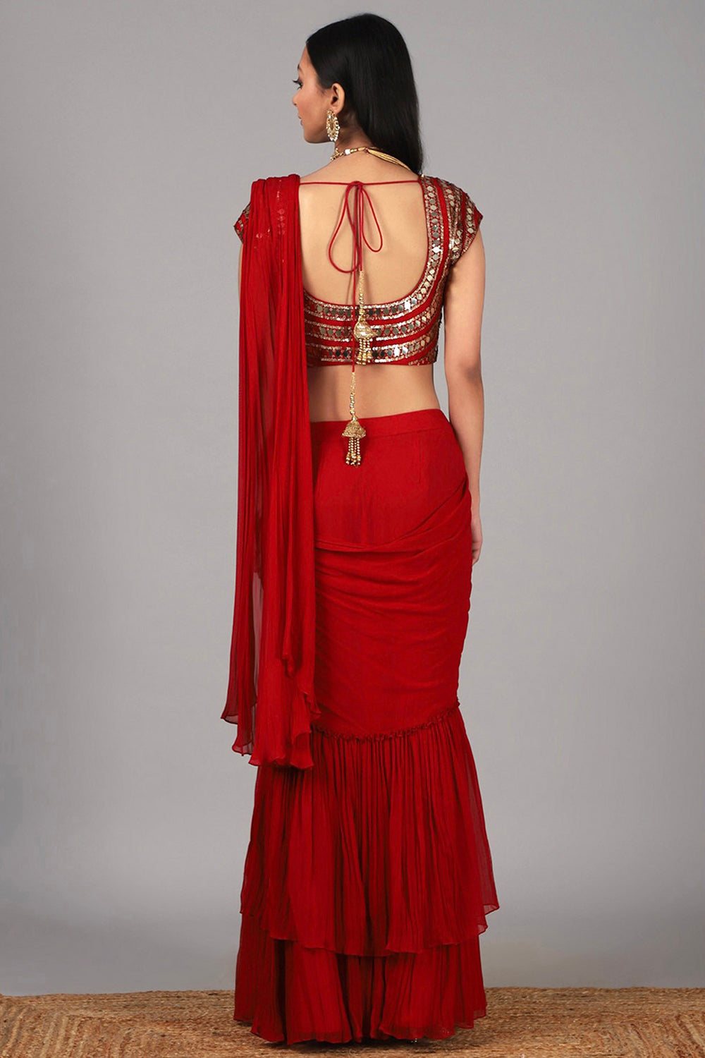 Embroidered Red Pre Stitched Saree Set - Auraya Fashion -  - #tag1# - #tag2# - #tag3# - #tag3#