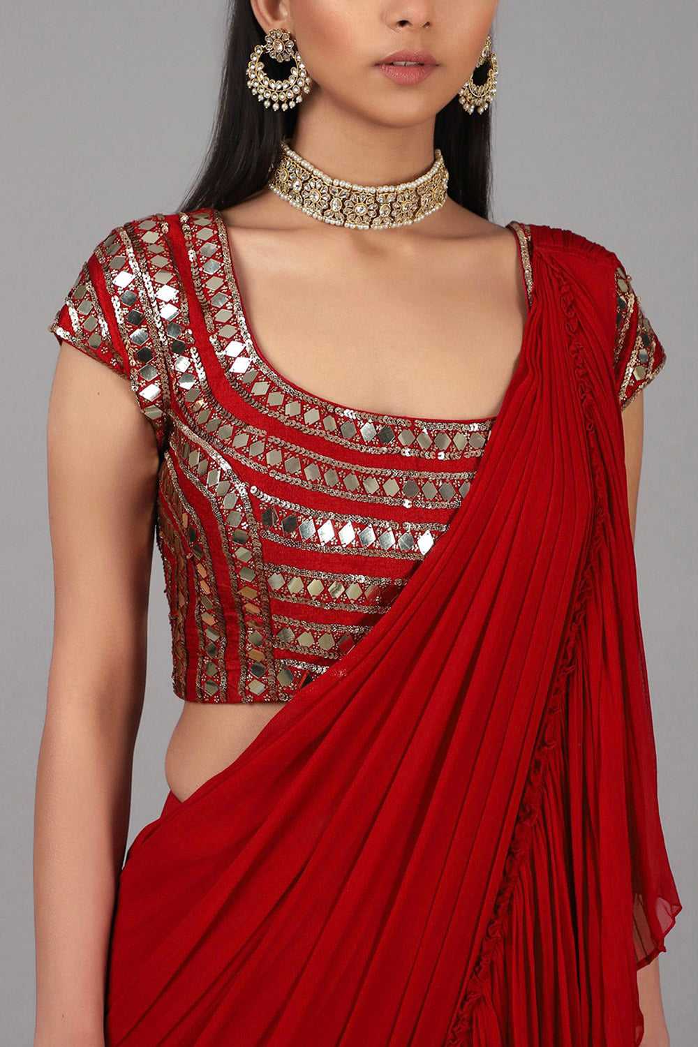 Embroidered Red Pre Stitched Saree Set - Auraya Fashion -  - #tag1# - #tag2# - #tag3# - #tag3#