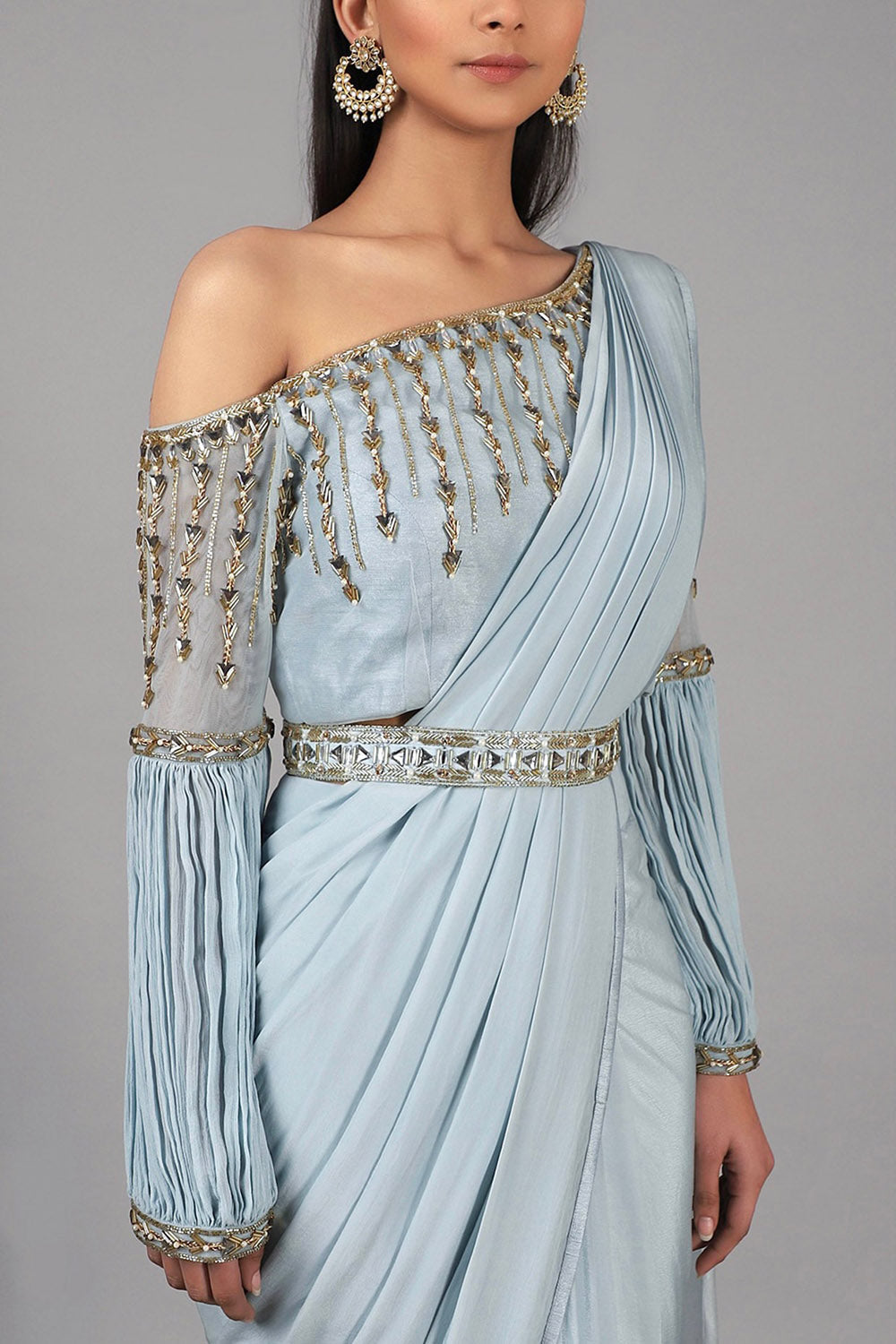 Embroidered Dusky Aqua Pre Stitched Saree Set - Auraya Fashion -  - #tag1# - #tag2# - #tag3# - #tag3#