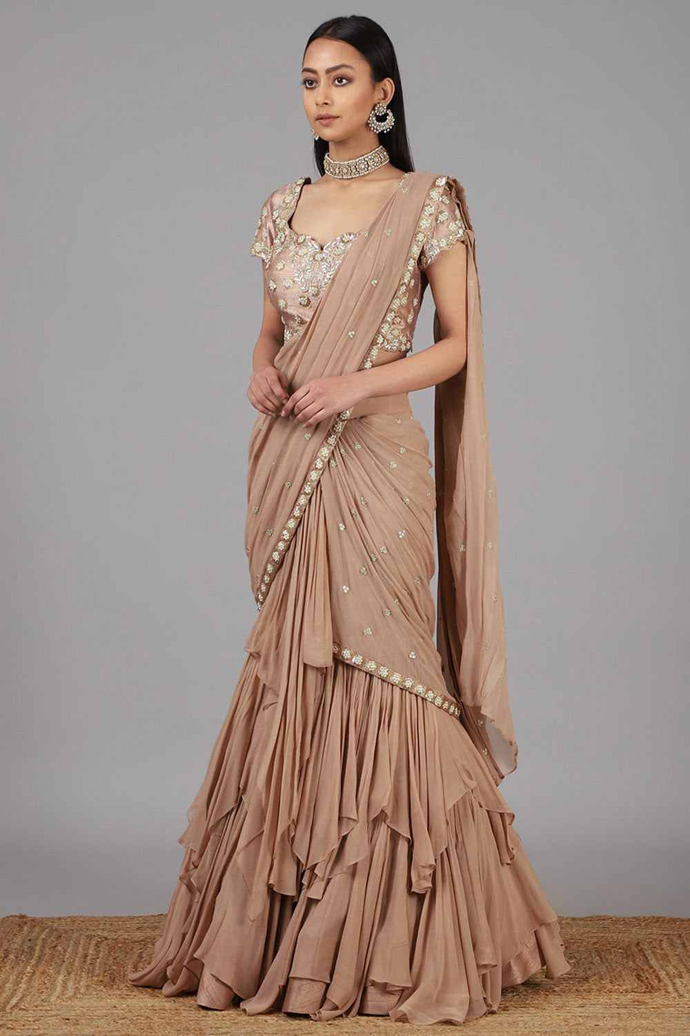 Embroidered Beige Lehenga Saree Set - Auraya Fashion - Nidhika Shekhar - #tag1# - #tag2# - #tag3# - #tag3#