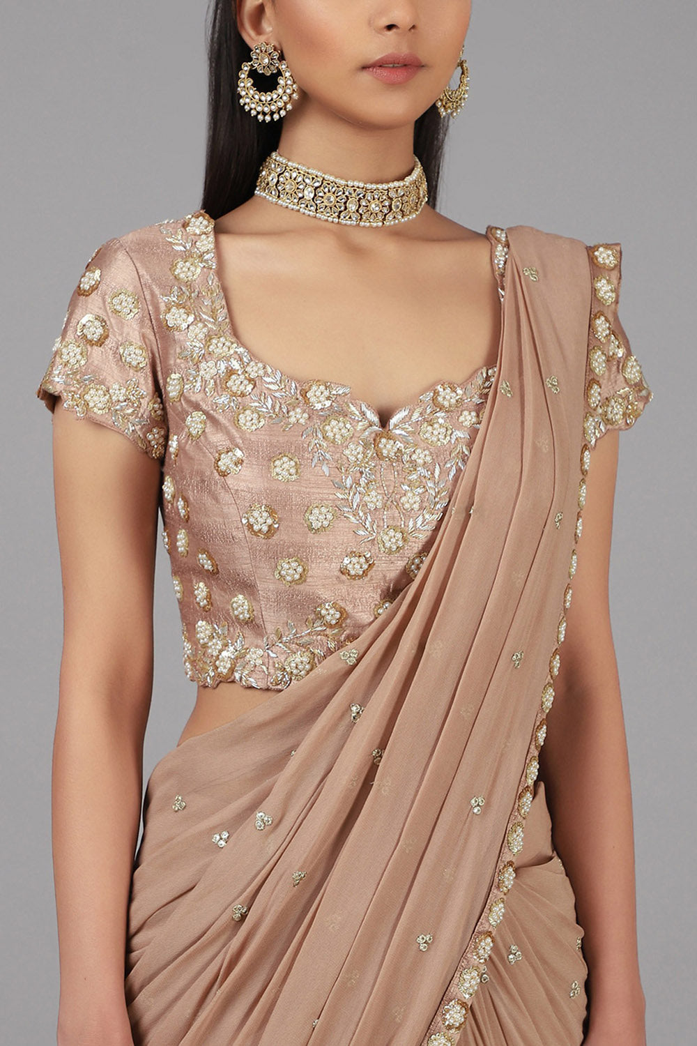 Embroidered Beige Lehenga Saree Set - Auraya Fashion -  - #tag1# - #tag2# - #tag3# - #tag3#